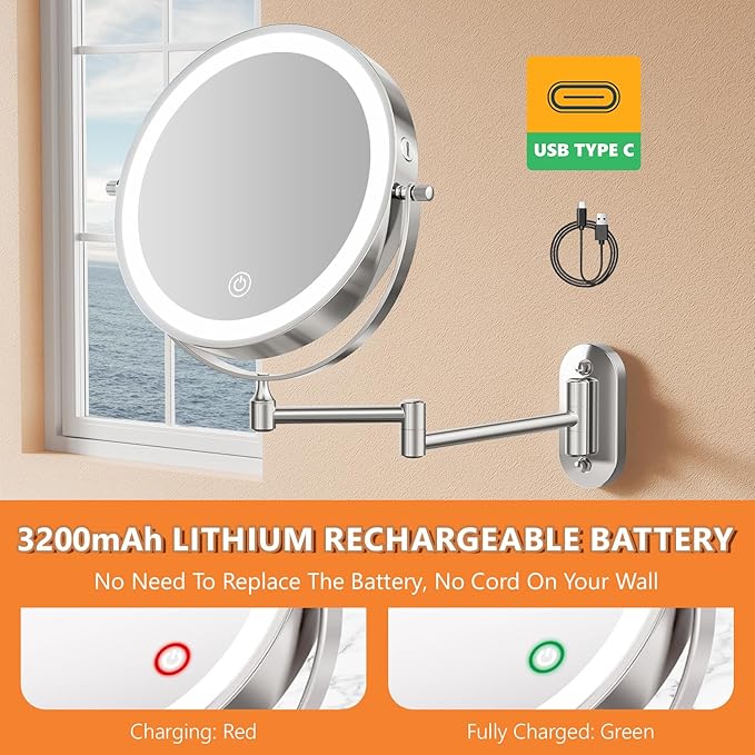 Auxmir 1X/20X Wall Mounted Makeup Mirror with Light, 8" Rechargeable Double-Sided Magnifying Mirror, Vanity Mirror Dimmable 3 Color Light, 360° Extension Rotation Foldable 14.5 Inch Arm, Chrome