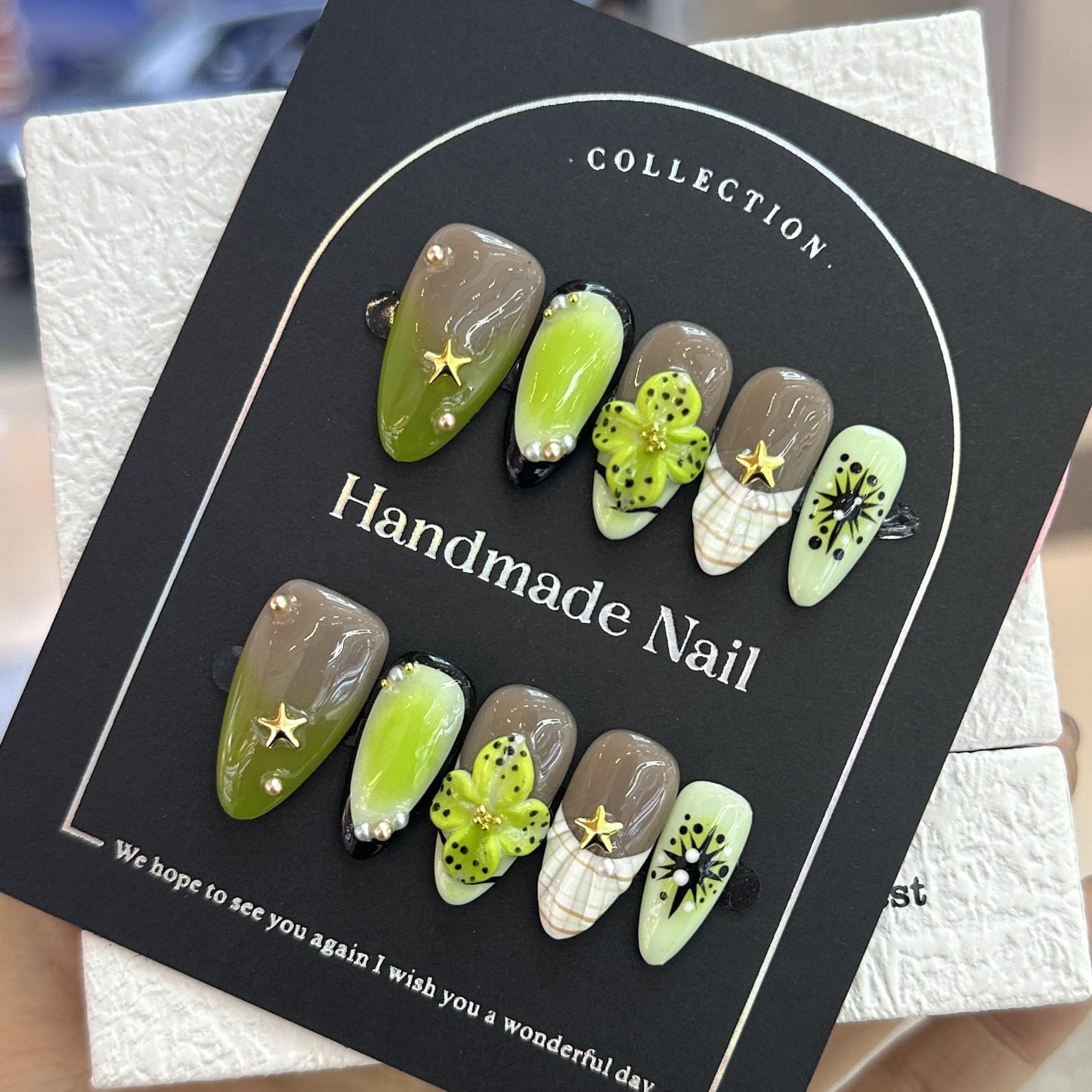 100% 5D Handmade Press on Nails Medium Almond Nails Press ons- Ocean Seashell False Nails Ombre Green Press on Nails Summer Fake Nails for Women Girls Daily Wear DIY Manicure Size L