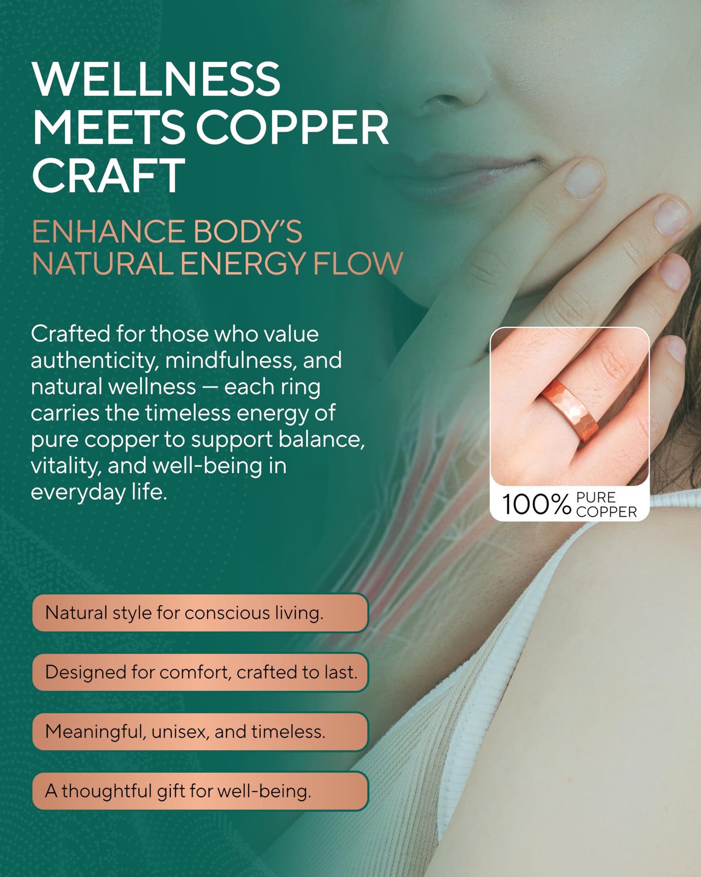 TheraCopper Pure Copper Rings for Women & Men (2-Pack) — 100% Pure Copper Ring — Raw, Solid & Uncoated Authentic Handmade Open-End Adjustable Ayurvedic Jewelry Rings (6mm Hammered)