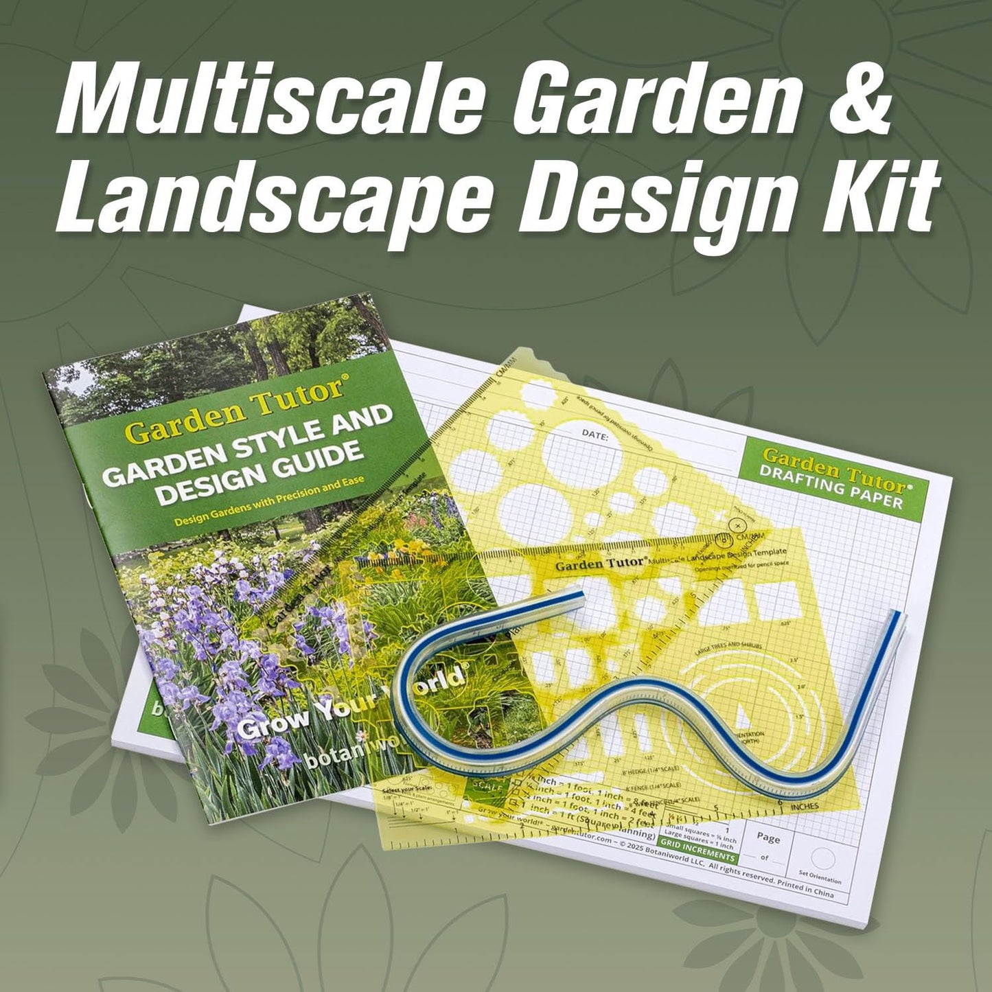 Garden Tutor Multiscale Garden & Landscape Design Kit – 2 Translucent Yellow Design Stencils, 12-Inch Flexible Curve Ruler, 40-Sheet Multi-Scale Graph Paper & Garden Design Guide