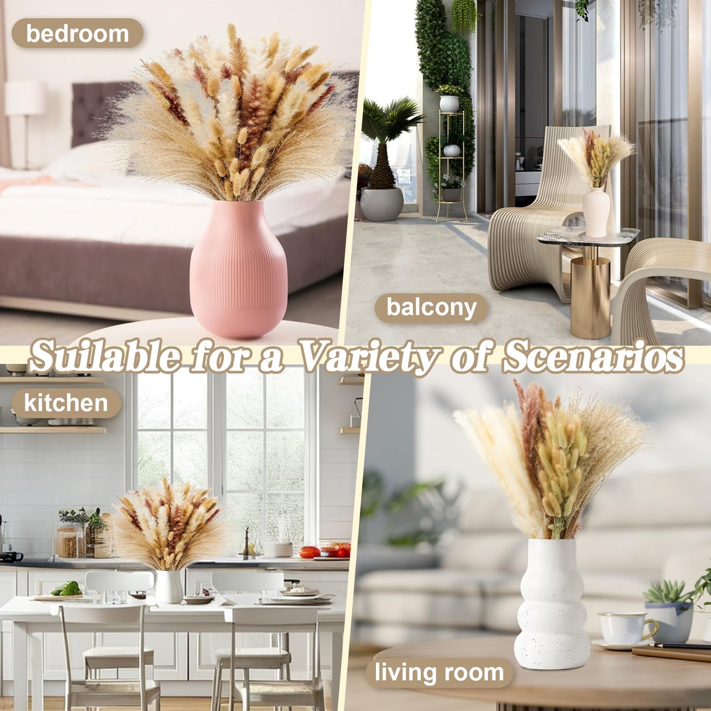 Le courant 17" 300Pcs Dried Pampas Grass Decor, Naturally Small Boho Pampas Grass with Bunny Tails & Reed Grass for Home Table Decor, Wedding, Rustic Farmhouse Party Decorations, White and Brown