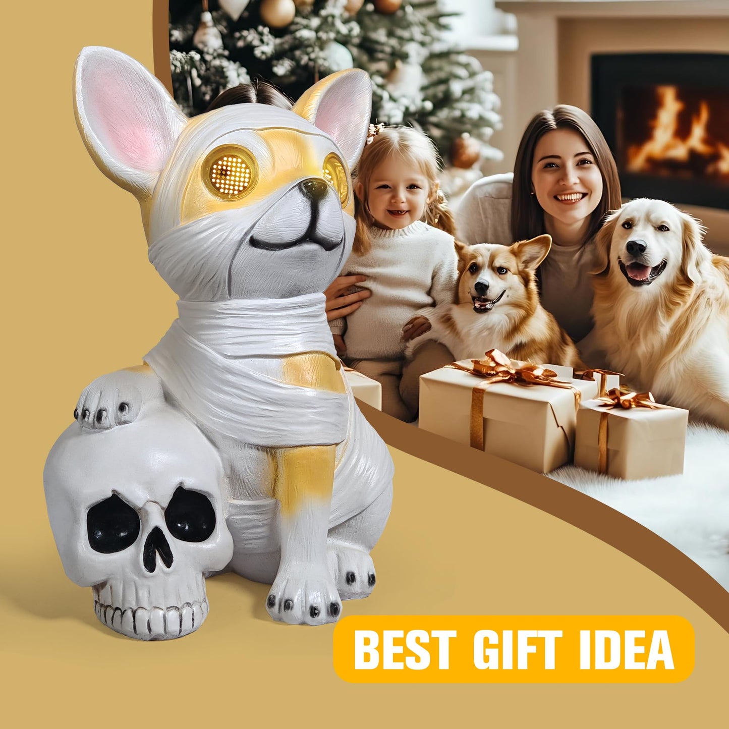 QOCNAM Halloween Decor Outdoor Solar Dog Statue Garden Decorations Holding Skeleton Statue Lights with 360° Spinning Glowing Eyes Ghost Garden Decor & Creative Gifts
