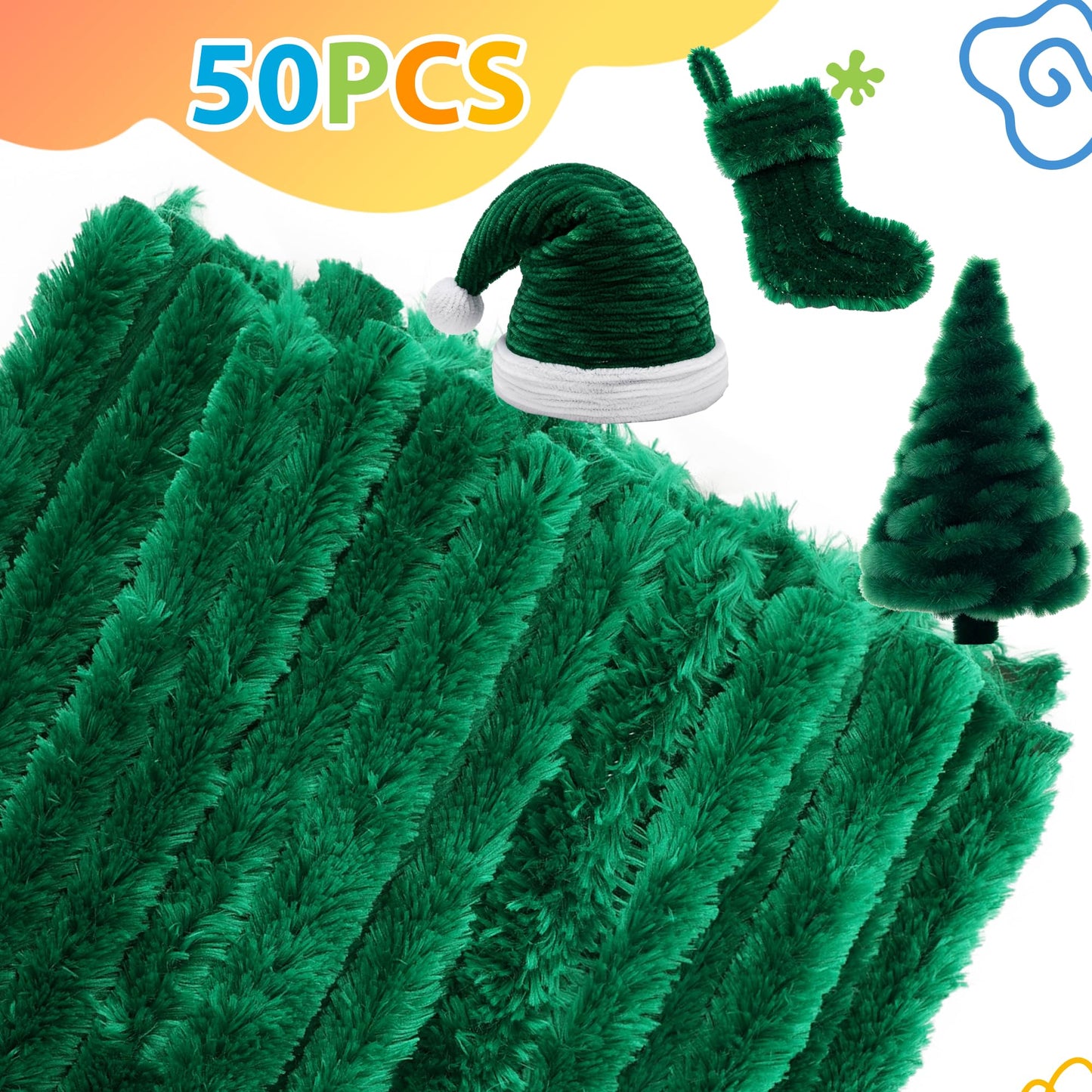 Caydo 50PCS Extra Thick Green Pipe Cleaners, Jumbo Chenille Stems for Kids Creative Craft DIY Projects (30 mm x 12 Inch)