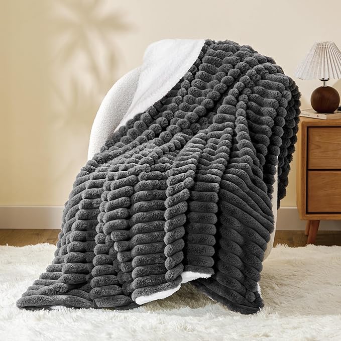 INFIIXSO Sherpa Throw Blanket for Couch - Super Soft & Warm Striped Fleece Blanket, Cozy Plush Fluffy Blanket All Season Use (Grey, 60x80 Inches)