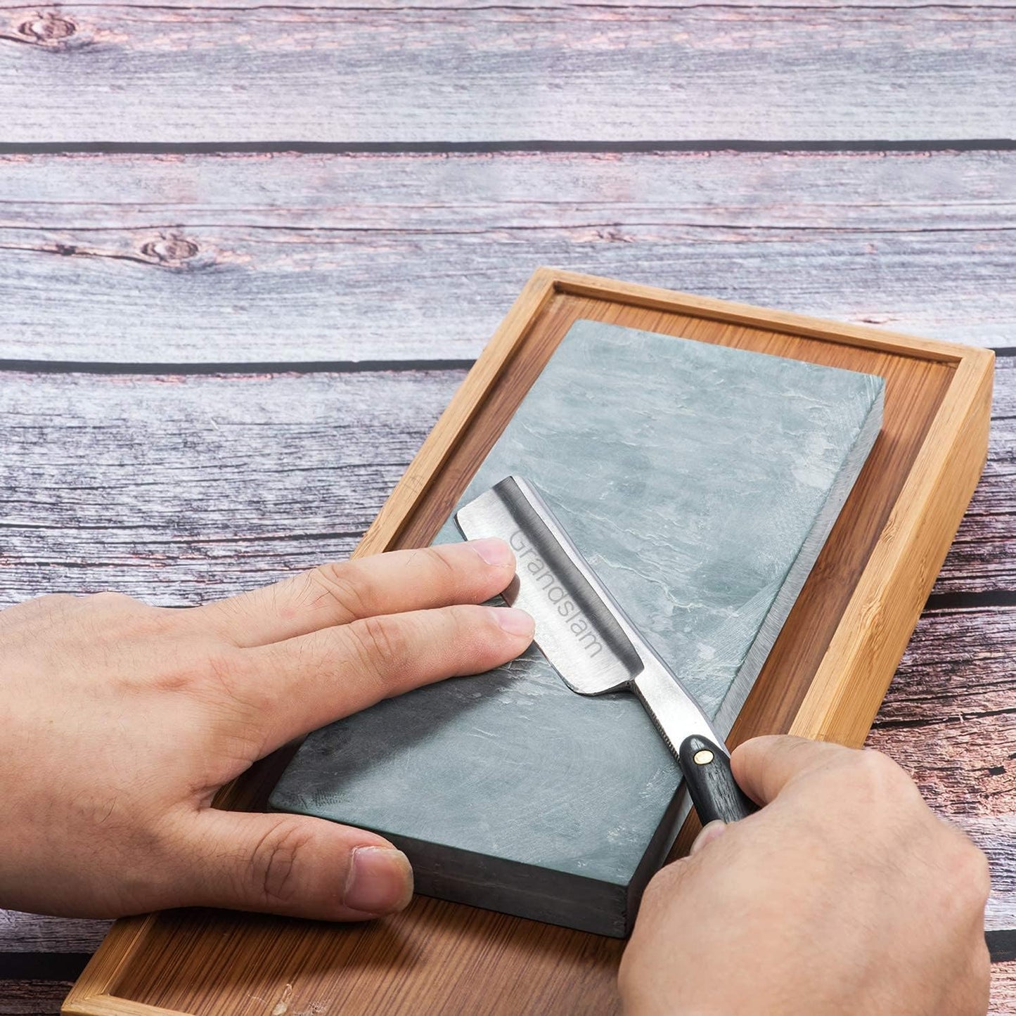 Grandslam Pro Natural Wooden Handle 420 Steel Straight Razor, 2 Layers Long Leather Canvas Strop, Sharpening Stone,2 Side Grit 3000 Waterstone Knife Sharpener