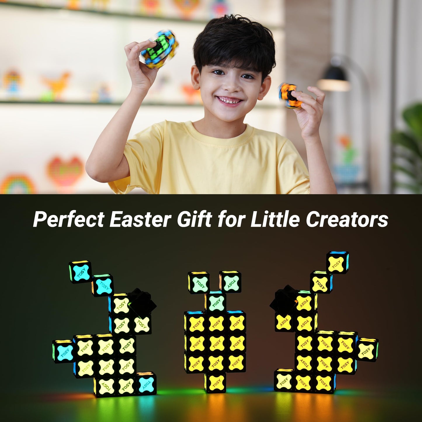 TOSY Magnet Fidget Spinner Glow - 16 Blocks, 3in1 Toy: Transformable Fidget Spinner, Infinity/Puzzle Cube, Easter Basket Stuffers Gift for Kids/Adults, Glowing STEM Sensory Stress Relief