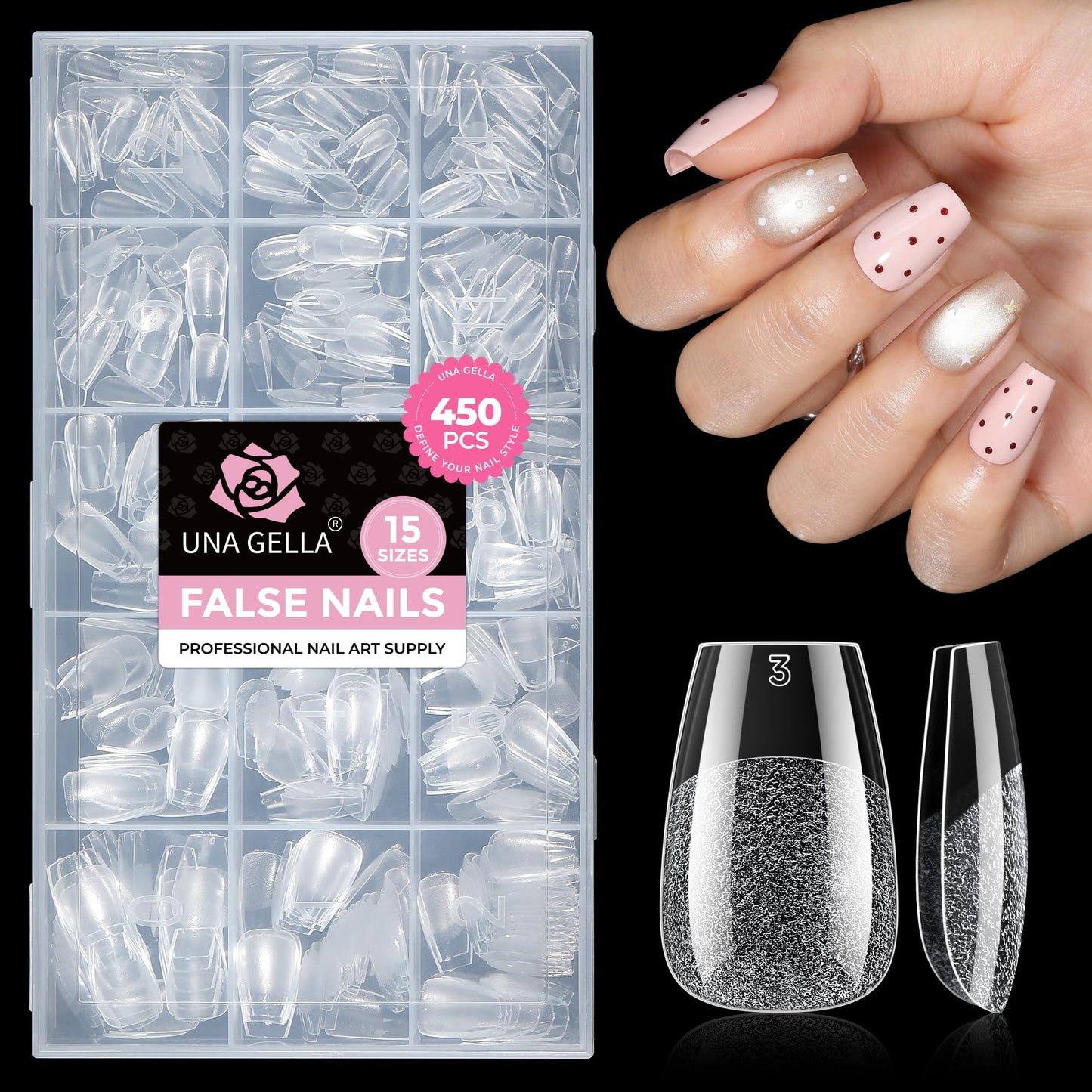 UNA GELLA Short Coffin Nail Tips: 450PCS Fake Acrylic Gel Nail Tips 15 Sizes Soft Clear Pre-Etched Nails Extension Full Cover Coffin Press On Nails Home DIY Salon