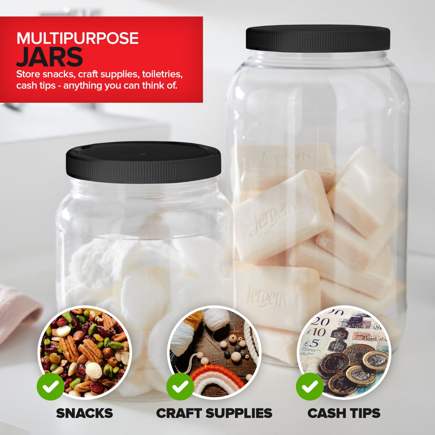 Stock Your Home Half Gallon Clear Plastic Jars with Lids (1 Pack) 64 oz Wide Mouth Large Jar with Lid, Big Container for Candy, Cookies, Arts & Crafts, Bartender Money Tips, Kitchen & Pantry Storage