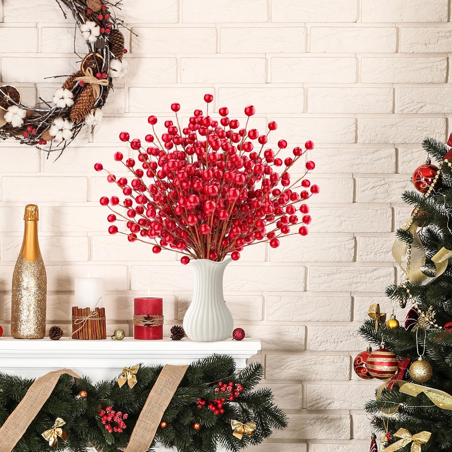 Quancru 10 Pcs Artificial Red Berries Stems 13.5" Christmas Holly Berry Branches Fake Pomegranate for Home Holiday Wedding New Year Wreath DIY Crafts Vase Floral Picks Decorations