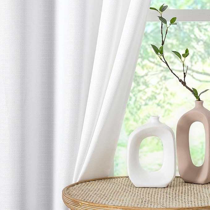 Chyhomenyc White Curtains 90 Inch Length 2 Panels Set, Faux Linen Textured Semi Sheer Light Filtering Soft Airy Privacy Farmhouse Curtain Drapes for Living Room Bedroom, 40 Wx90 L Inches