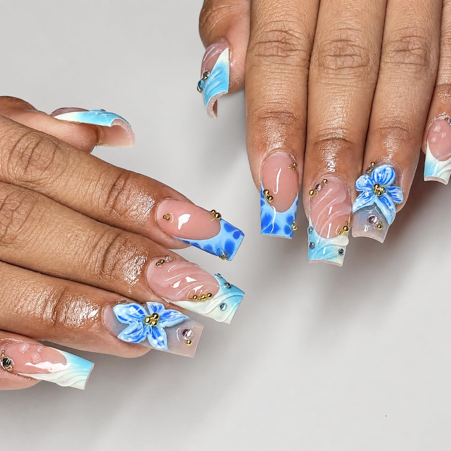 Medium Press on Nails Square Fake Nails Blue Artificial Nail Floral French Tips 3D Flower Gold Bead Rhinestone Glossy Ocean Fresh Stick on Nail for Women 24pcs