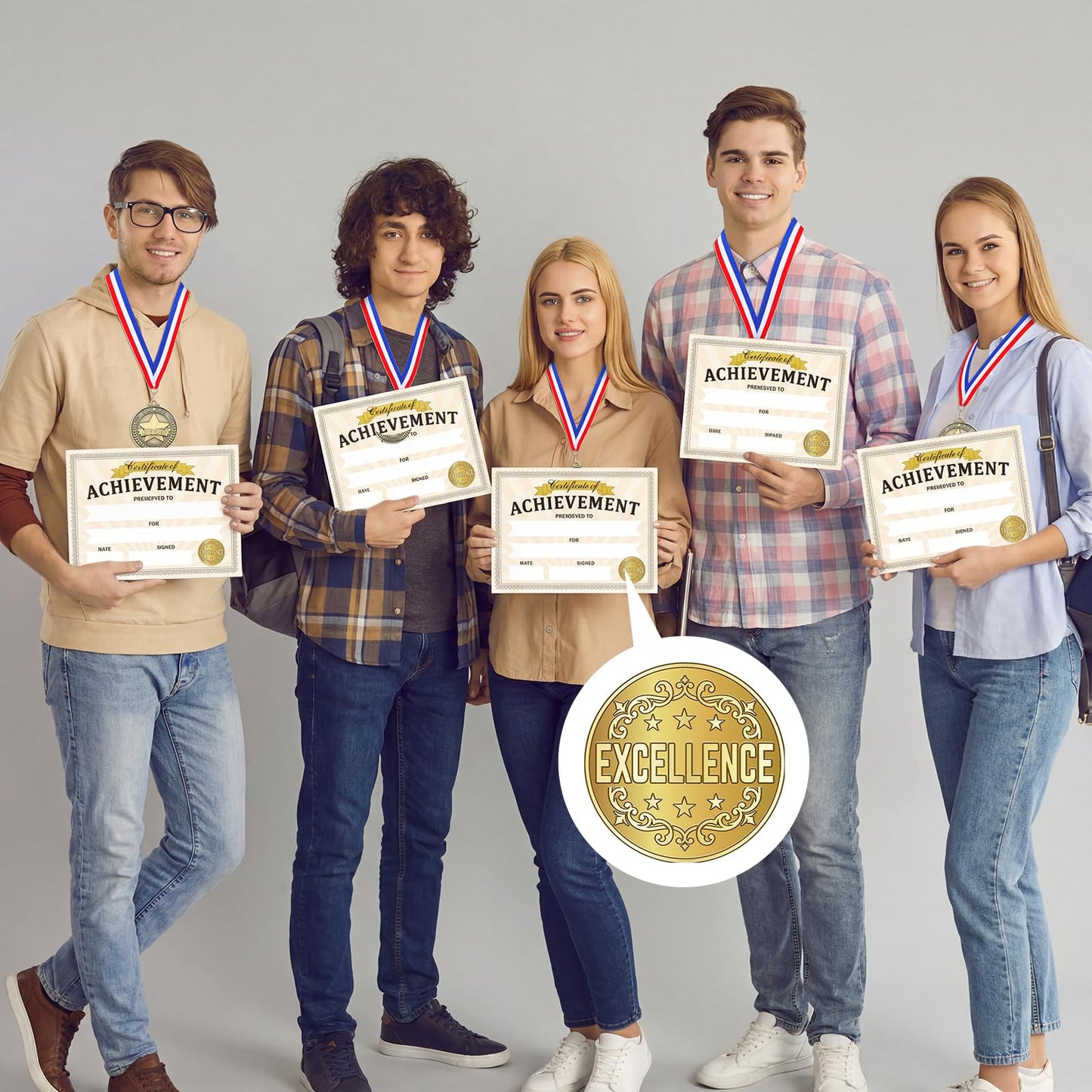 Cunno 12 Set 2" Achievement Award Medals with Neck Ribbons Recognition Medals with Achievement Certificate Embossed Gold Stickers Prize Gift Kits for Tournaments Competitions Party Students