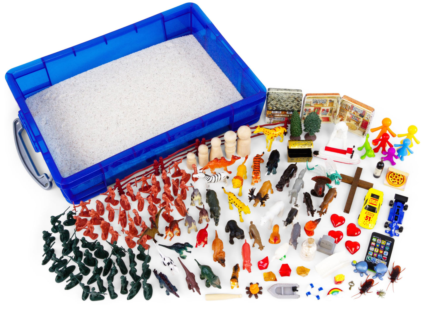 PTS Games Play Therapy Supply Basic Portable Sand Tray Starter Kit with Tray, Sand, and 150+ Miniatures