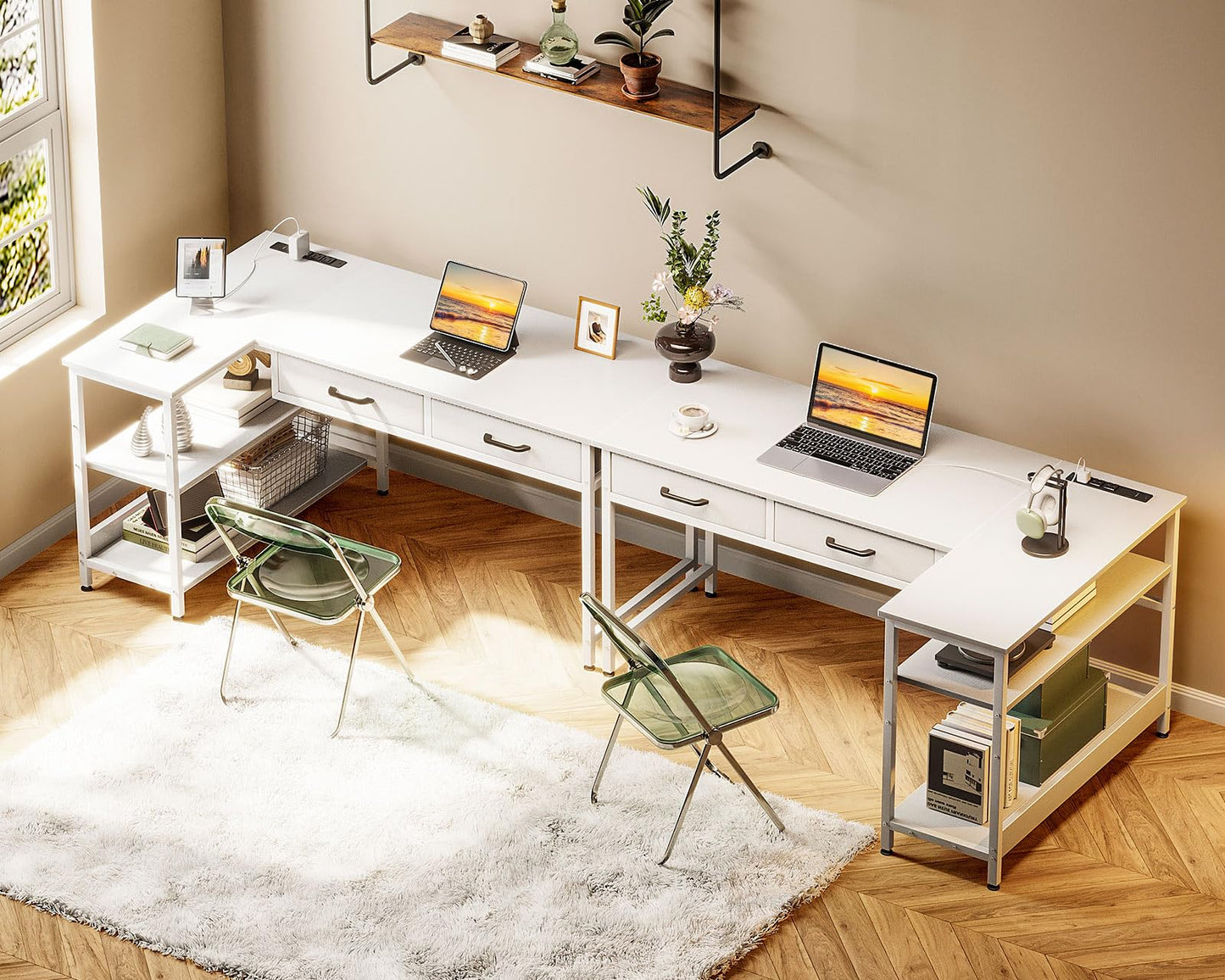 Coleshome 40 Inch L Shaped Computer Desk with 2 Drawers, Small Desk for Small Space, Home Office Table for Laptop Users, White
