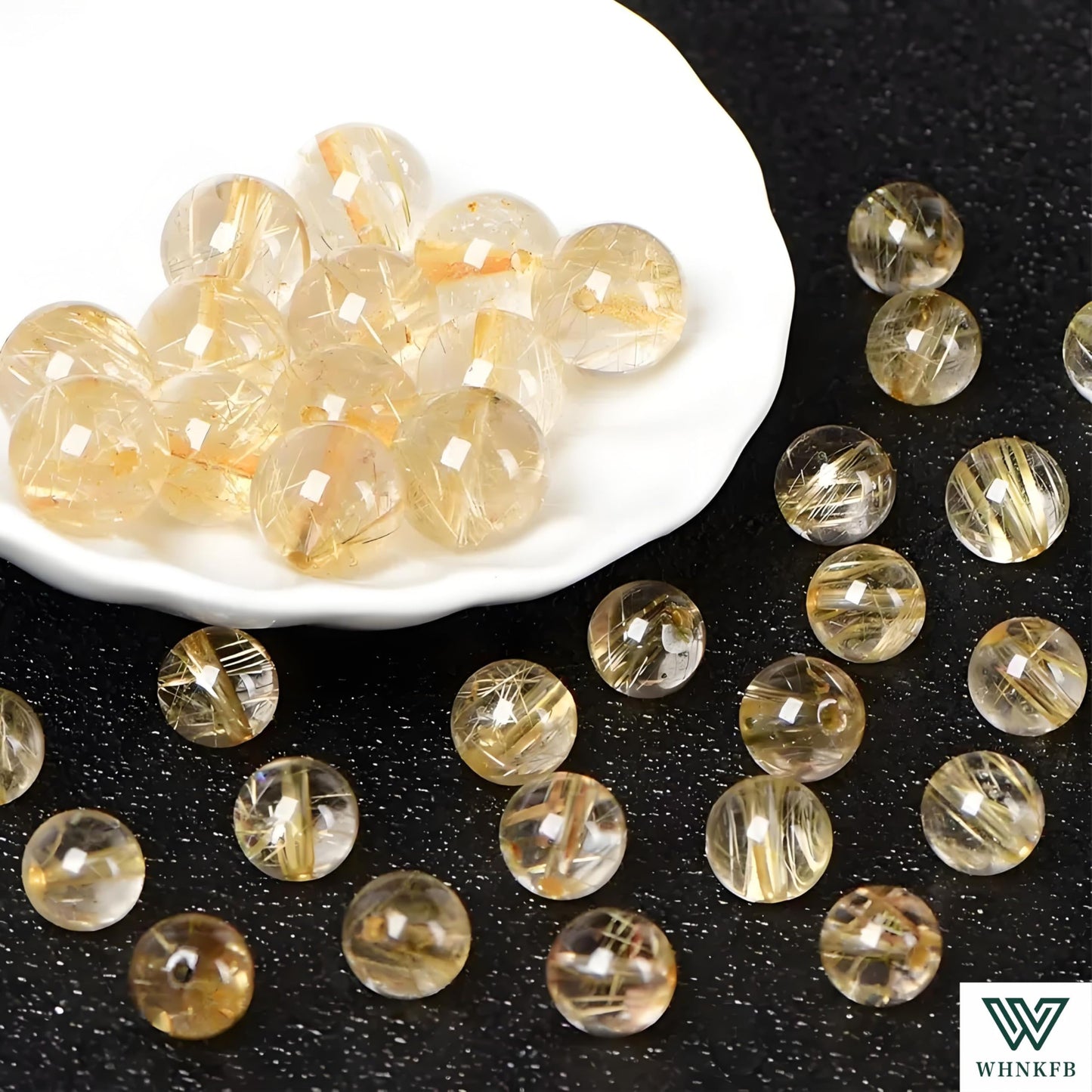WHNKFB 10mm 50PCS Natural Golden Rutilated Quartz Round Beads, High Clarity Loose Crystal Beads for Jewelry Making Craft - 6mm 8mm 10mm Options with Free Elastic Cord