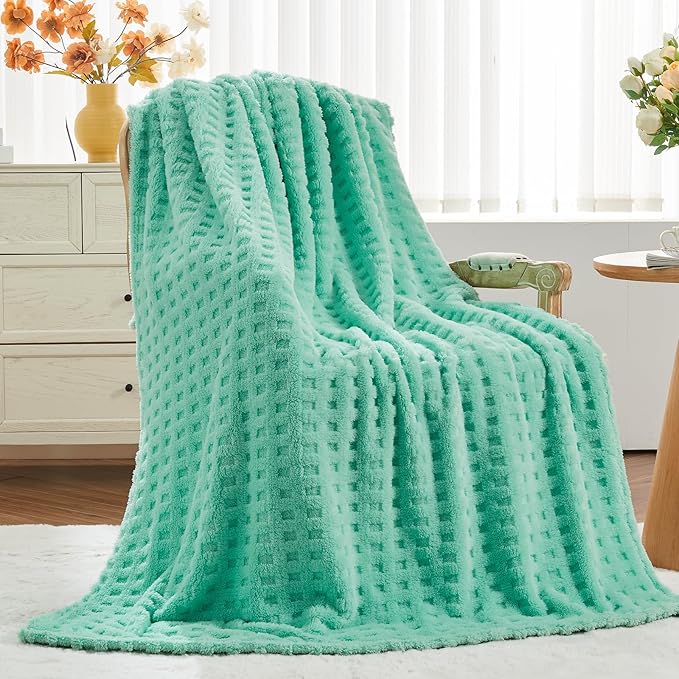 NEWCOSPLAY Super Soft Twin Blanket Aqua Premium Silky Flannel Fleece 3D Waffle Checkered Lightweight Bed Blanket All Season Use (Aqua, Twin(60"x80"))