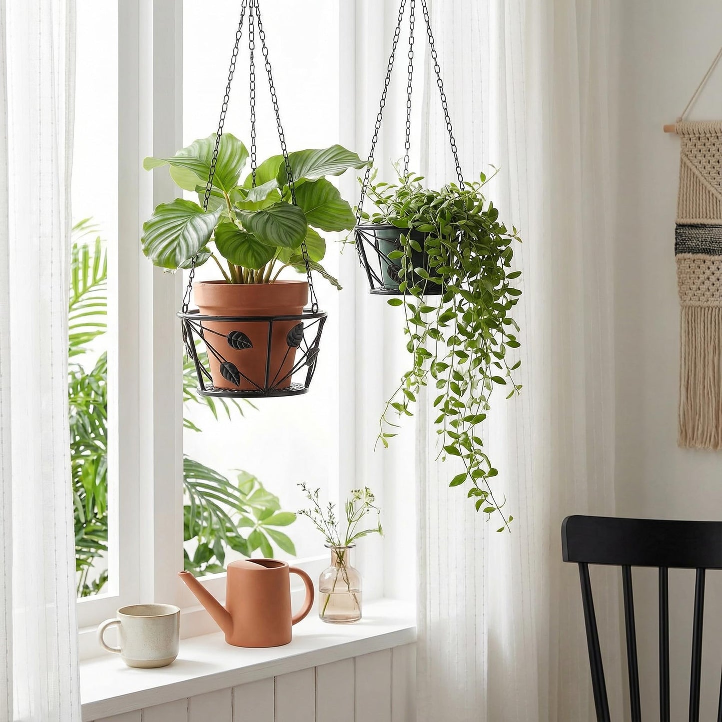 Goaste 2 Pack Metal Plant Hanger, Hanging Plant Holder with Ceiling Hook, Modern Plant Hanging Basket, Decorative Planter Flower Pots Shelf for Indoor Outdoor Use, Home Decor