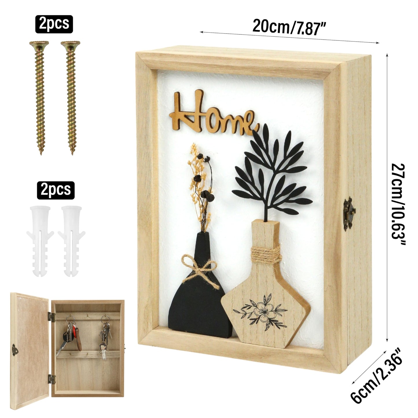 Hidden Key Holder for Wall - Wooden Key Box Wall Mount Decorative Cabinet with 6 Hooks, Rustic Beige Wood Keychain Organizer, Access Card Hangers Rack Storage for Home Entryway Hallway Office Decor