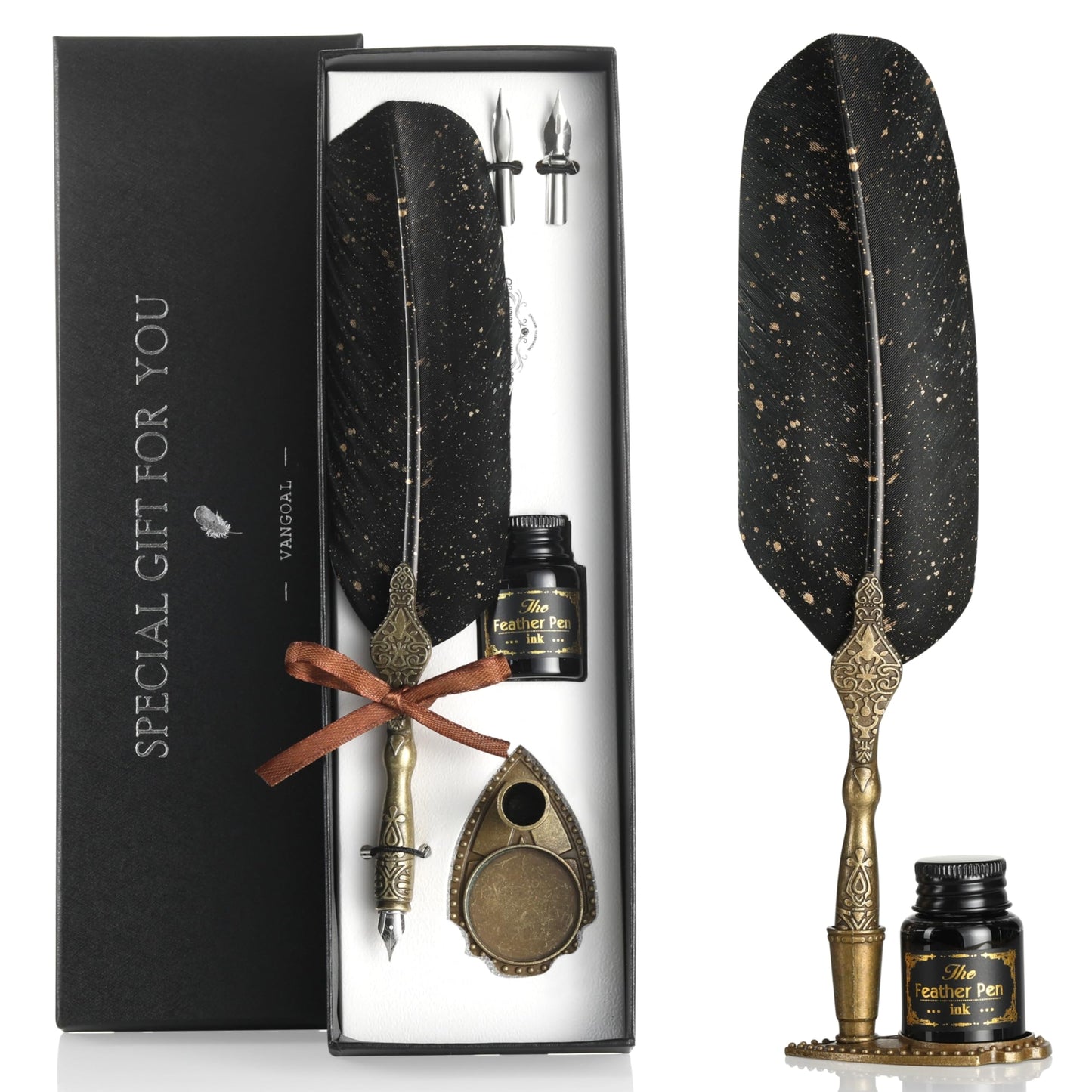VANGOAL Vintage Black Feather Pen and Ink Set, Classic Series Goose Quill With Carving Stand, Calligraphy Nibs, Black Dip Ink, Antique Writing Gift for Writer