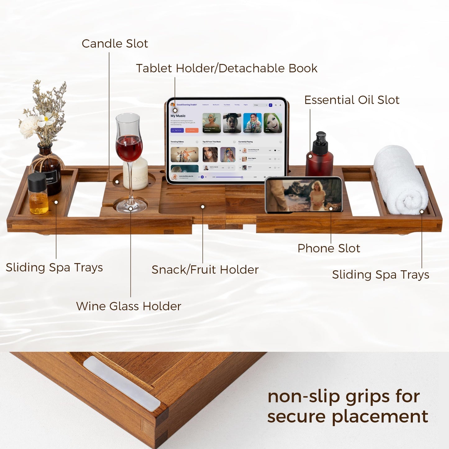 Teak Bathtub Tray for Tub, Expandable Bath Tray 28–40in, Foldable Bathtub Caddy with Wine Glass Holder, Phone & Book Stand, Wooden Bath Tray Organizer, Luxury Bathroom Accessories Gift - Light Walnut