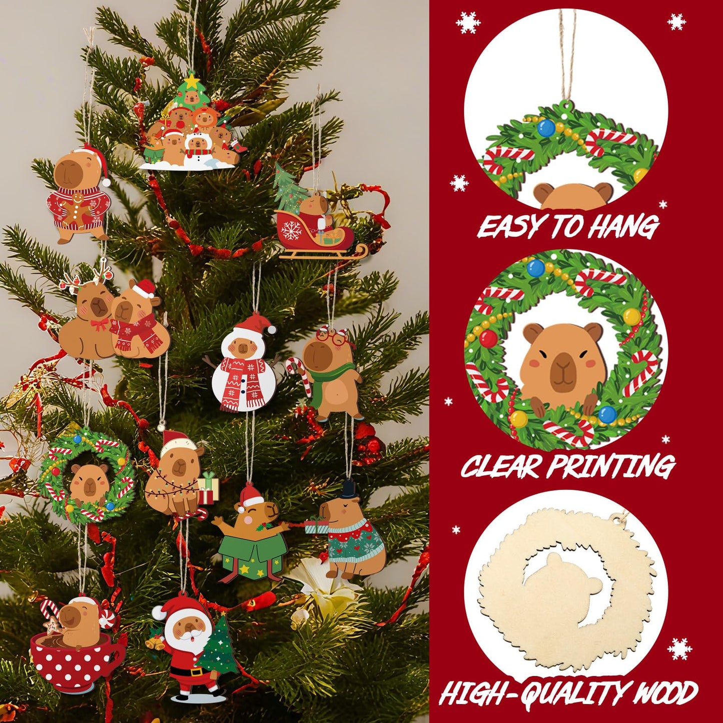 AceOrbit 24 Pcs Christmas Tree Ornaments Capybara Christmas Tree Decorations Capy Xmas Wooded Hanging Xmas Decorations for Stocking Stuffers Capybara Gifts Holiday Halloween Party Supplies