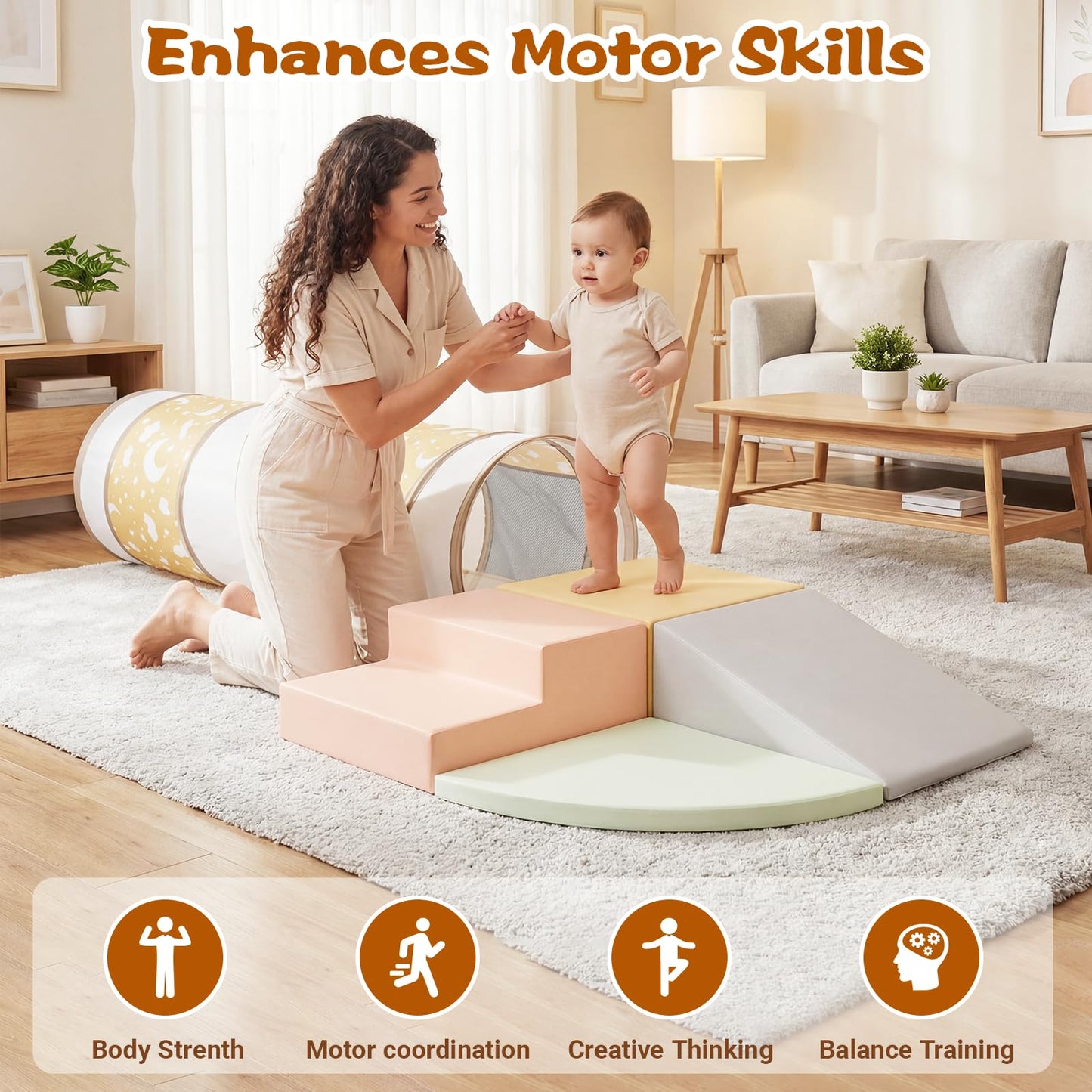 PATAZOK Climbing Toys for Toddlers, 5-Piece Soft Foam Climbing Blocks Set&Crawl Through Tunnel, Toddler Playtime Corner Climber Indoor Foam Play Gym (5-Piece Set&Tunnel)