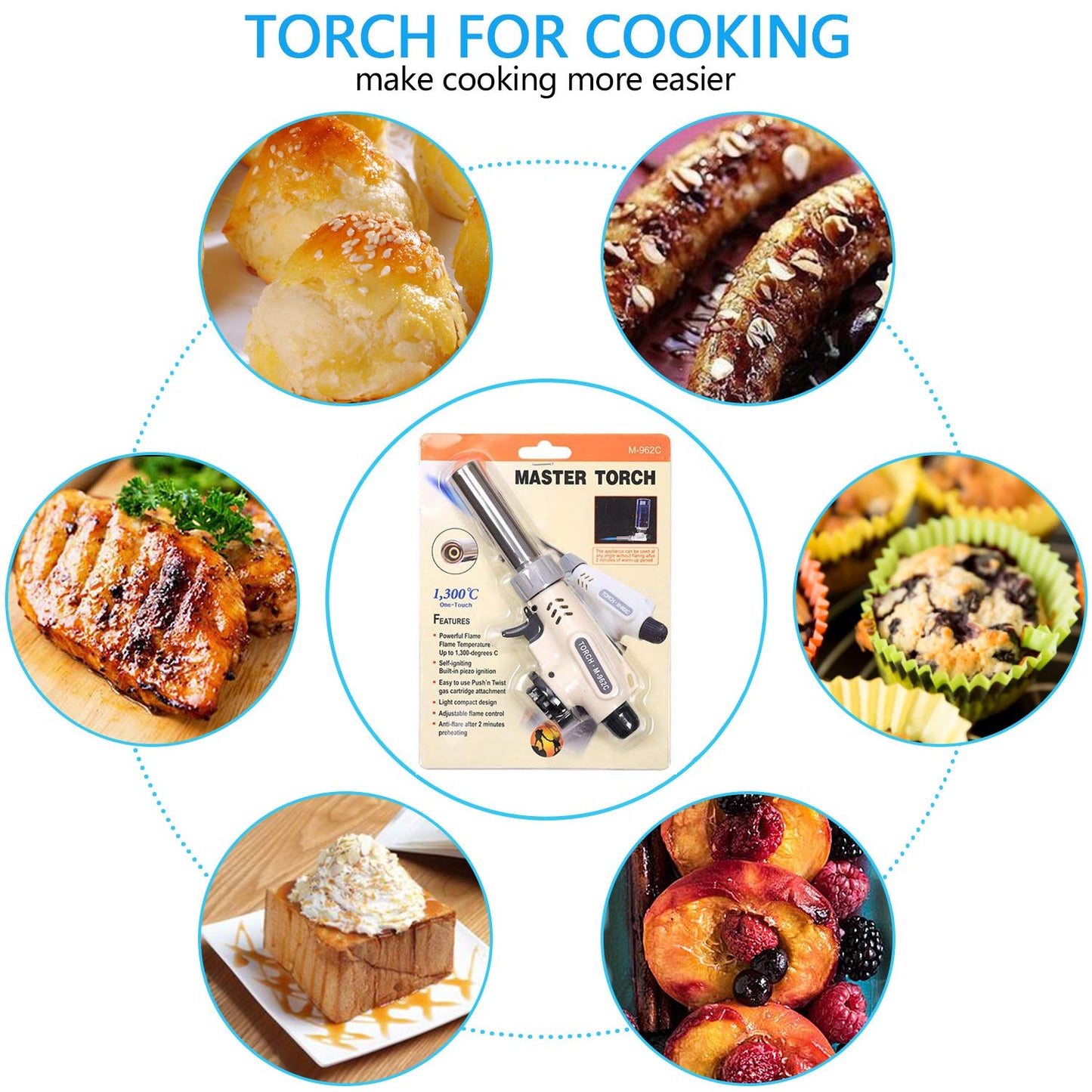 Kitchen Butane Blow Torch Lighter - Culinary Torch Chef Cooking Torches Professional Adjustable Flame with Reverse Use for Creme, Brulee, BBQ, Baking, Jewelry by TENGYES, Butane Not Included