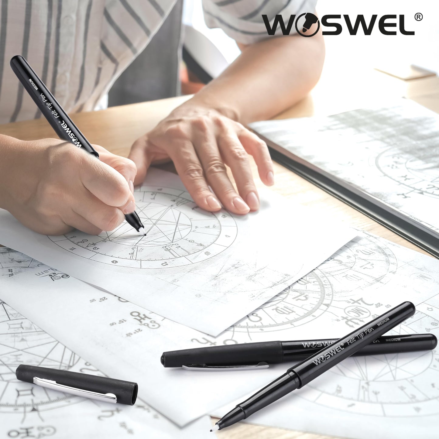 WOSWEL Black Felt Tip Pens, 32 Black Pens, 0.7mm Medium Point Felt Tip Markers Pens for Journaling, Note Taking, Planner, Writing,Drawing.Perfect for Art Office and School Supplies