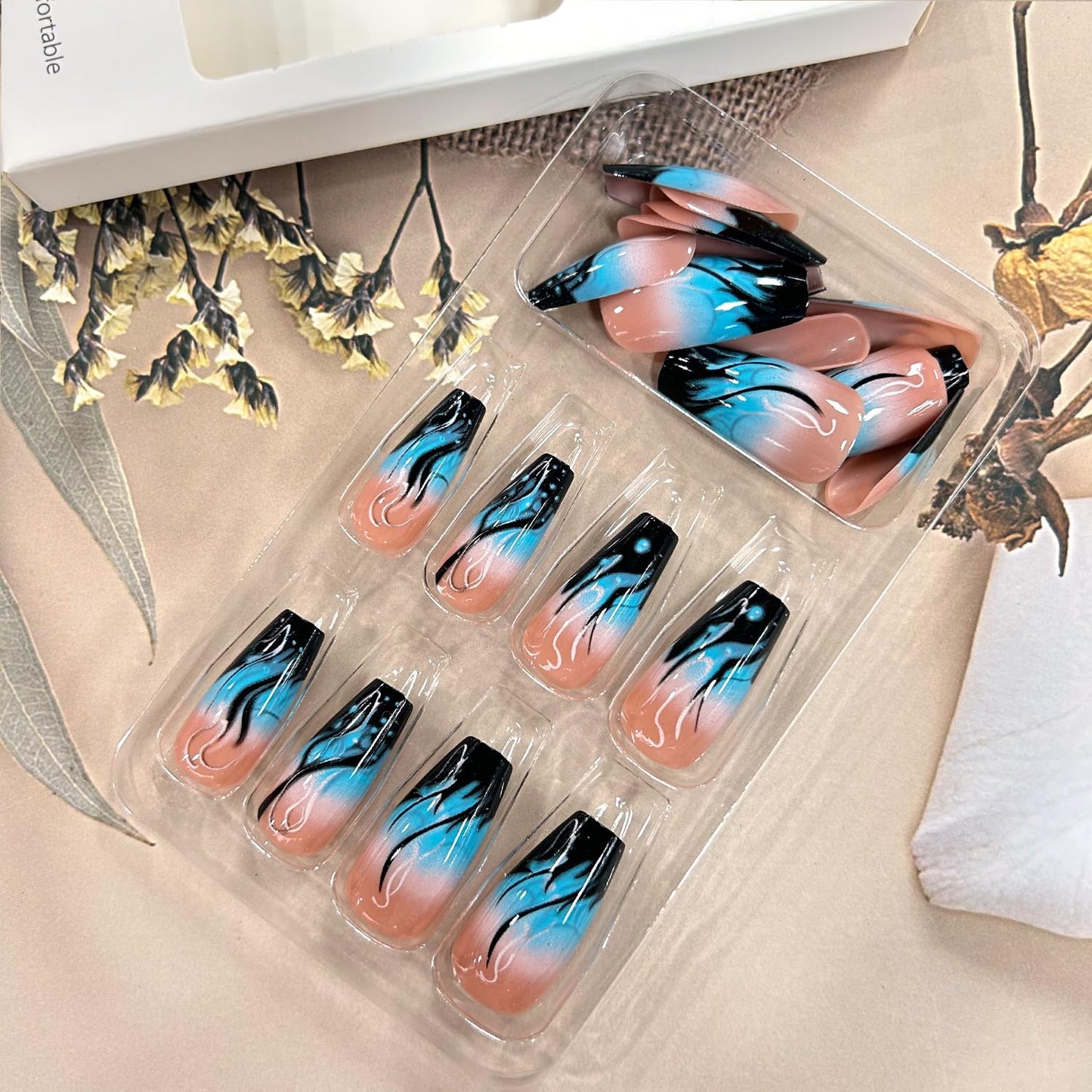 TBRZTR Press on Nails Medium Length Ballet Shaped Fake Nails Blue Flame Pattern Design Gradient Artificial Coffin Nails Black French Stick on Nails Full Cover Acrylic Glossy Glue on Nails for Women