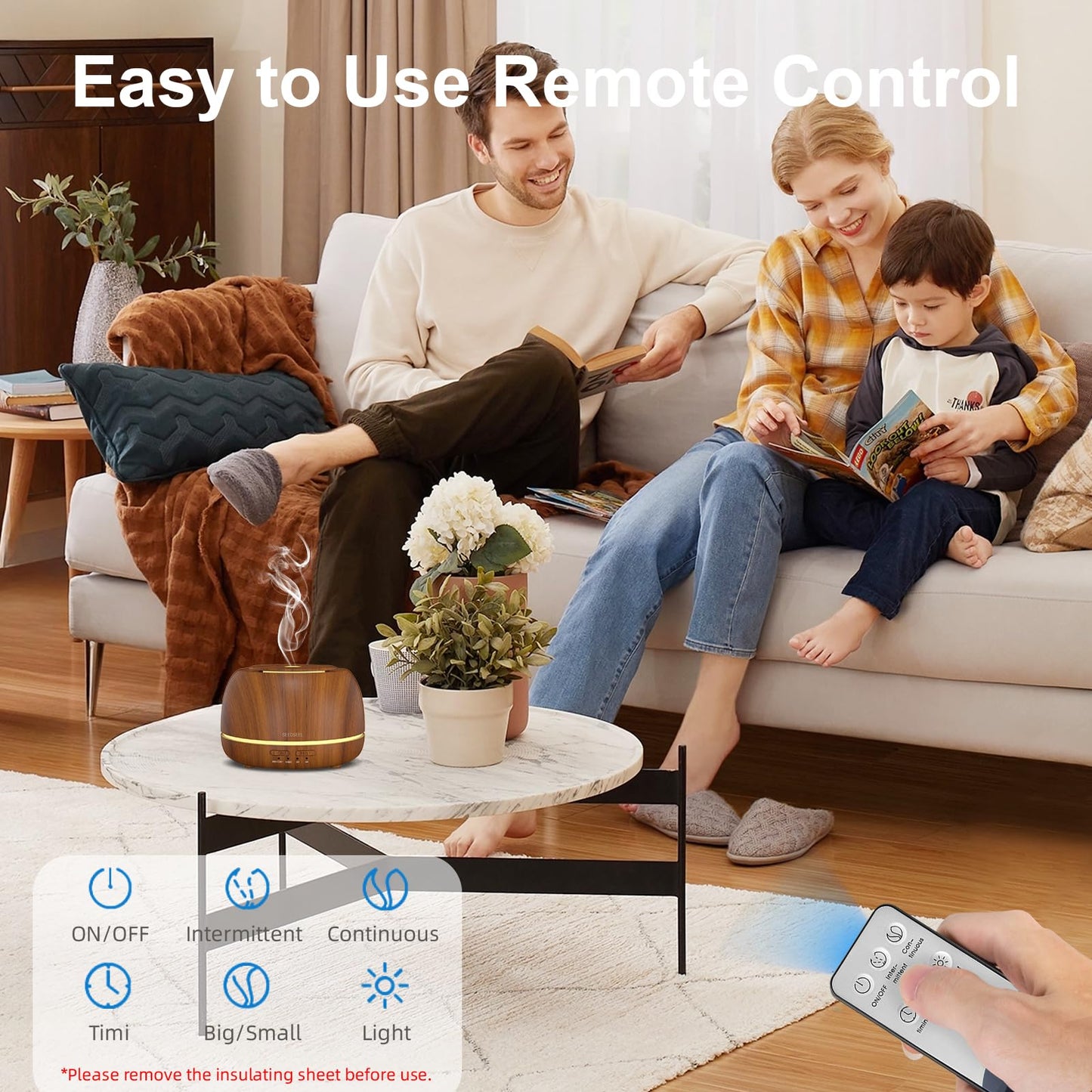 SEEDSEEL 300ML Essential Oil Diffuser with Remote Control,7 LED Colour Lights,4 Timer, Quiet,Ultrasonic Aromatherapy Diffuser for Bedroom, Living Room, Desk,Office