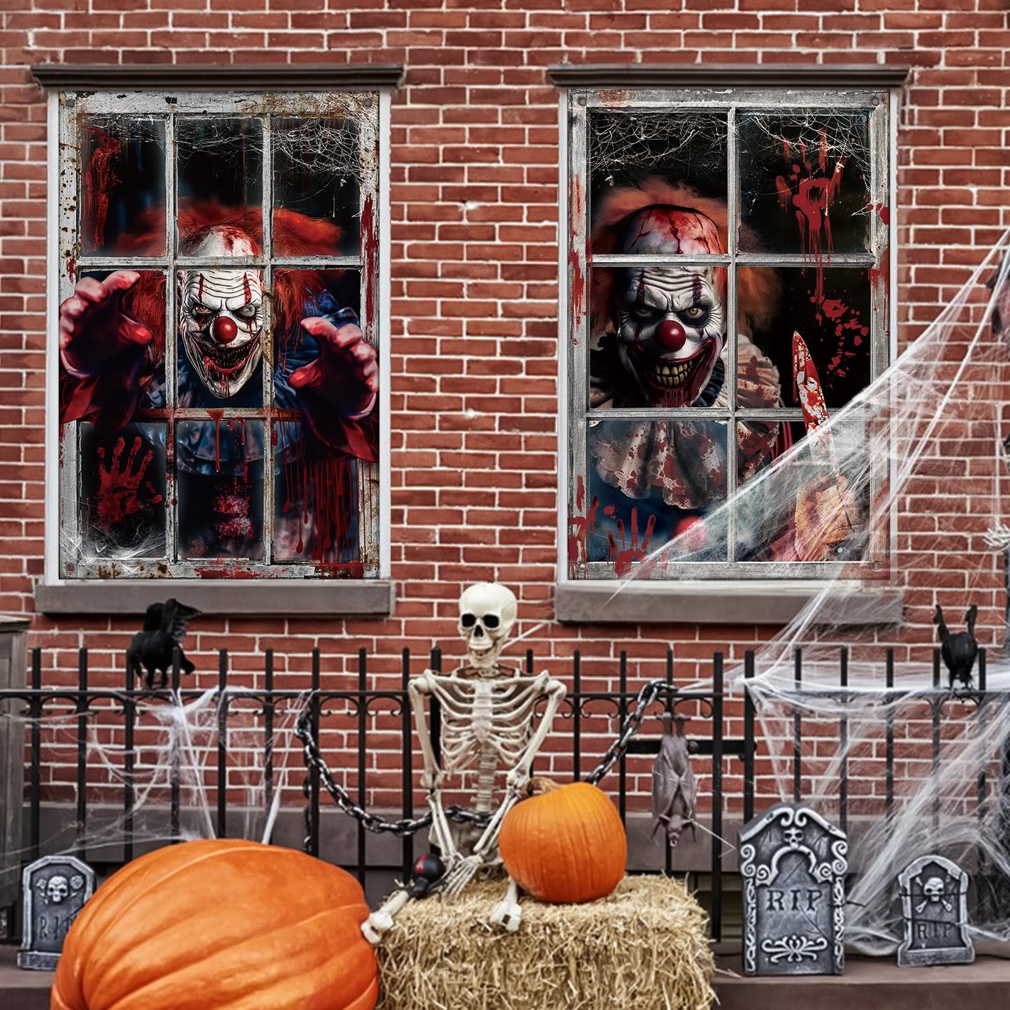 Hxezoc 2 Pack Halloween Window Decorations Scary Spooky Clown Window Backdrop Poster for Halloween Window Door Wall Cover Decoration Supplies