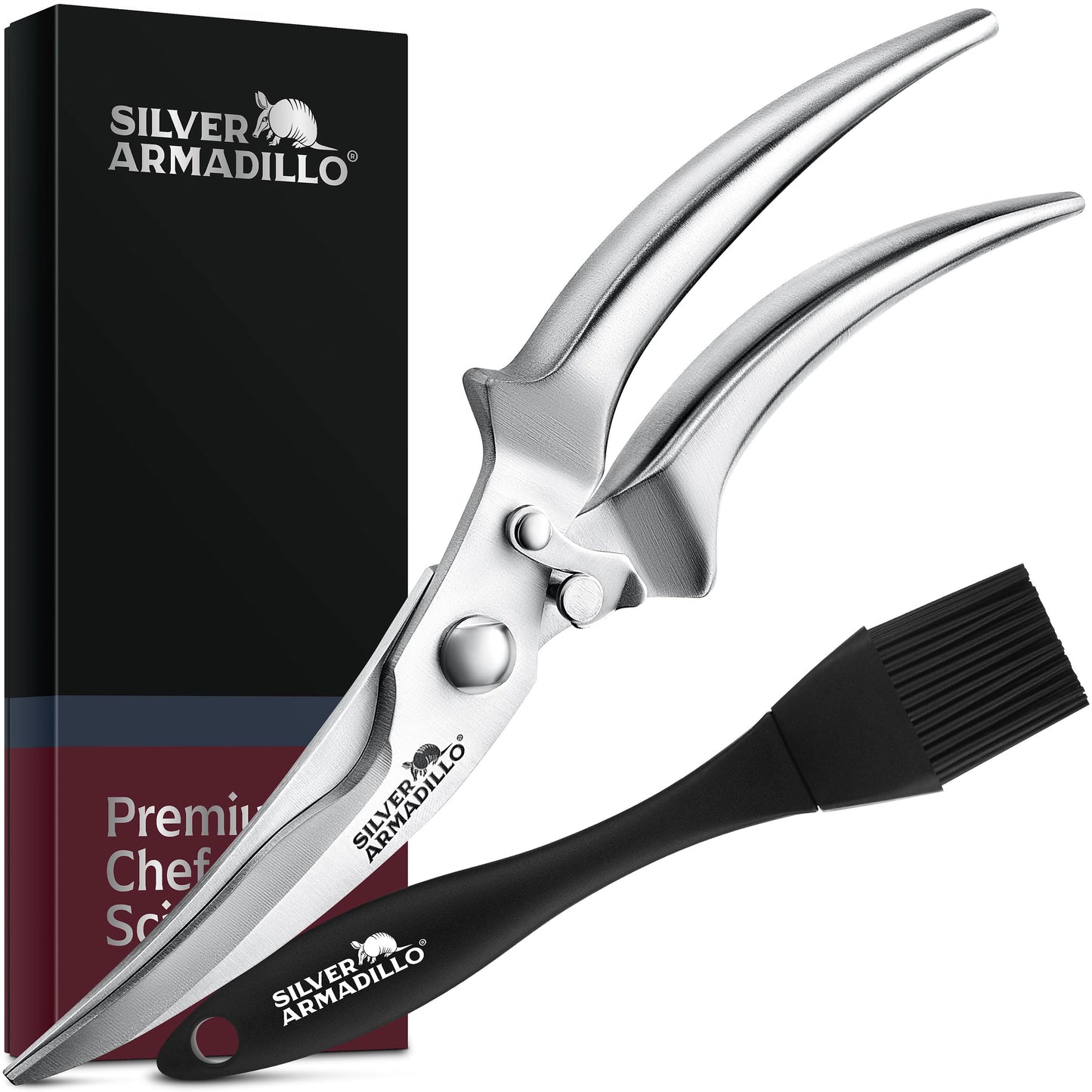 Silver Armadillo Heavy Duty Poultry Shears - Professional Stainless Steel Kitchen Scissors for Bone, Chicken, Meat, Fish & Vegetables - Spring Loaded (Stainless Steel handles)