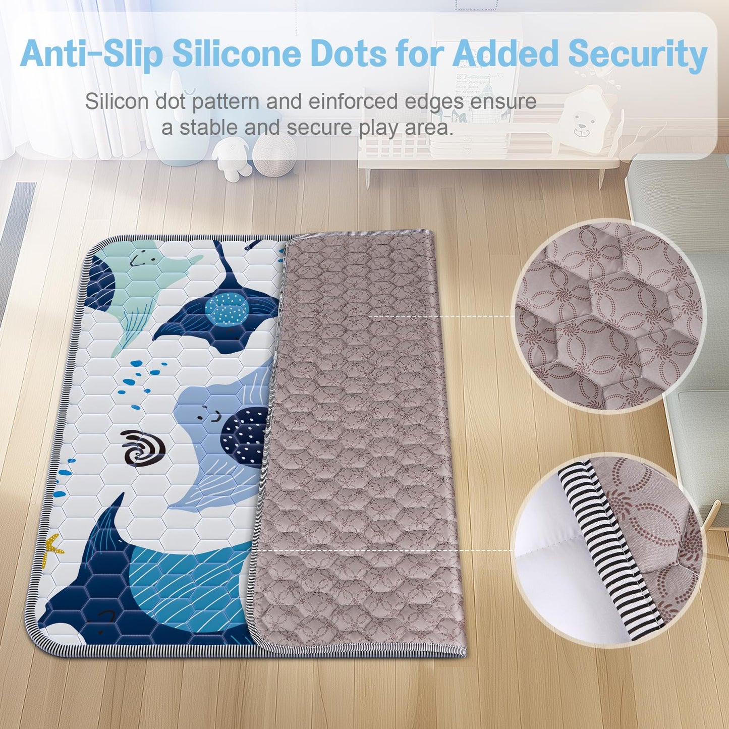 omzer Baby Play Mat, Large & Thick & Soft Cushioned Playmat for Playpen, Non-Slip Floor Mat for Crawling Infants & Toddlers with Safety Silicone Backing, Machine Washable - 71x79 Inch, Blue