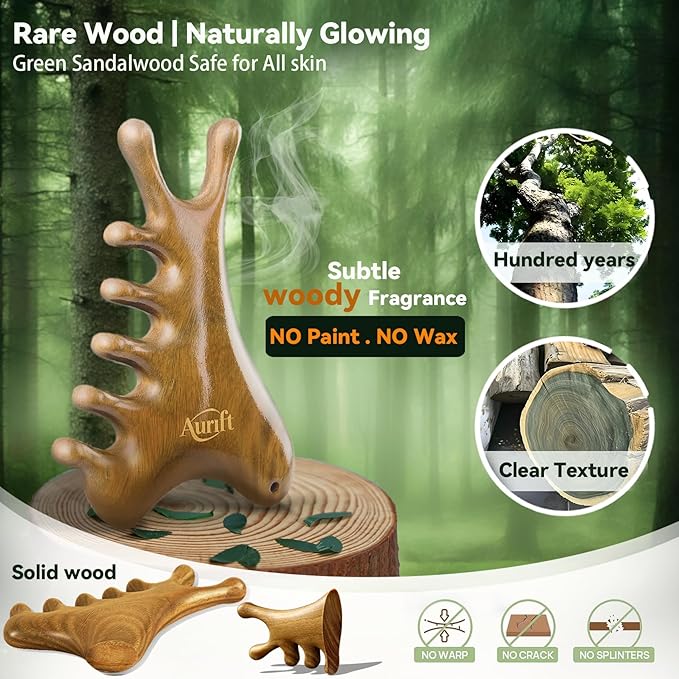 4-in-1 Gua Sha Tool for Face & Body, Natural Green Sandalwood – Lymphatic Drainage, Jaw Lifting & Nose Sculpting, Head Massage Comb for Stress Relief, Home Office Self Care Gifts for Mom Girl Friend