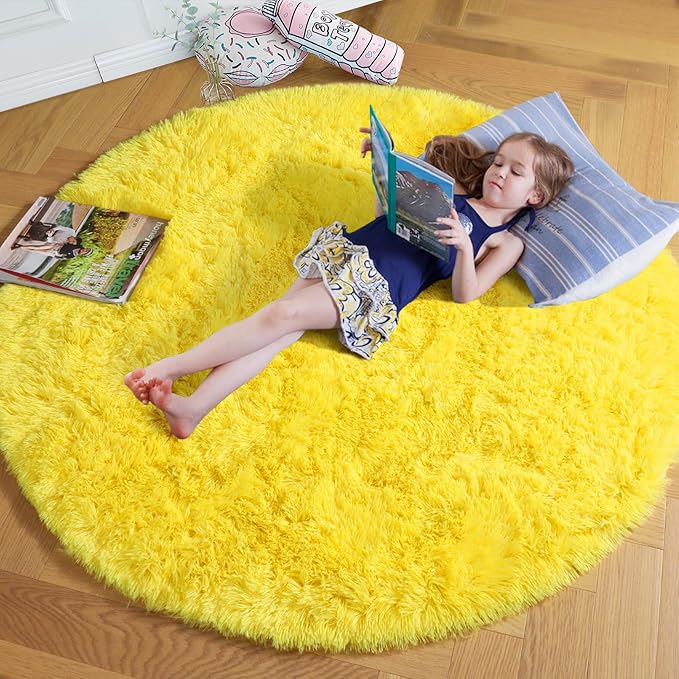 Amdrebio Yellow Circle Round Rug 6Ft for Living Room Bedroom, Fluffy Fuzzy Shag Furry Area Rugs for Baby Kids Room Decor Aesthetic, Cute Plush Kawaii Carpet for Classroom Nursery Teen Girls Boys