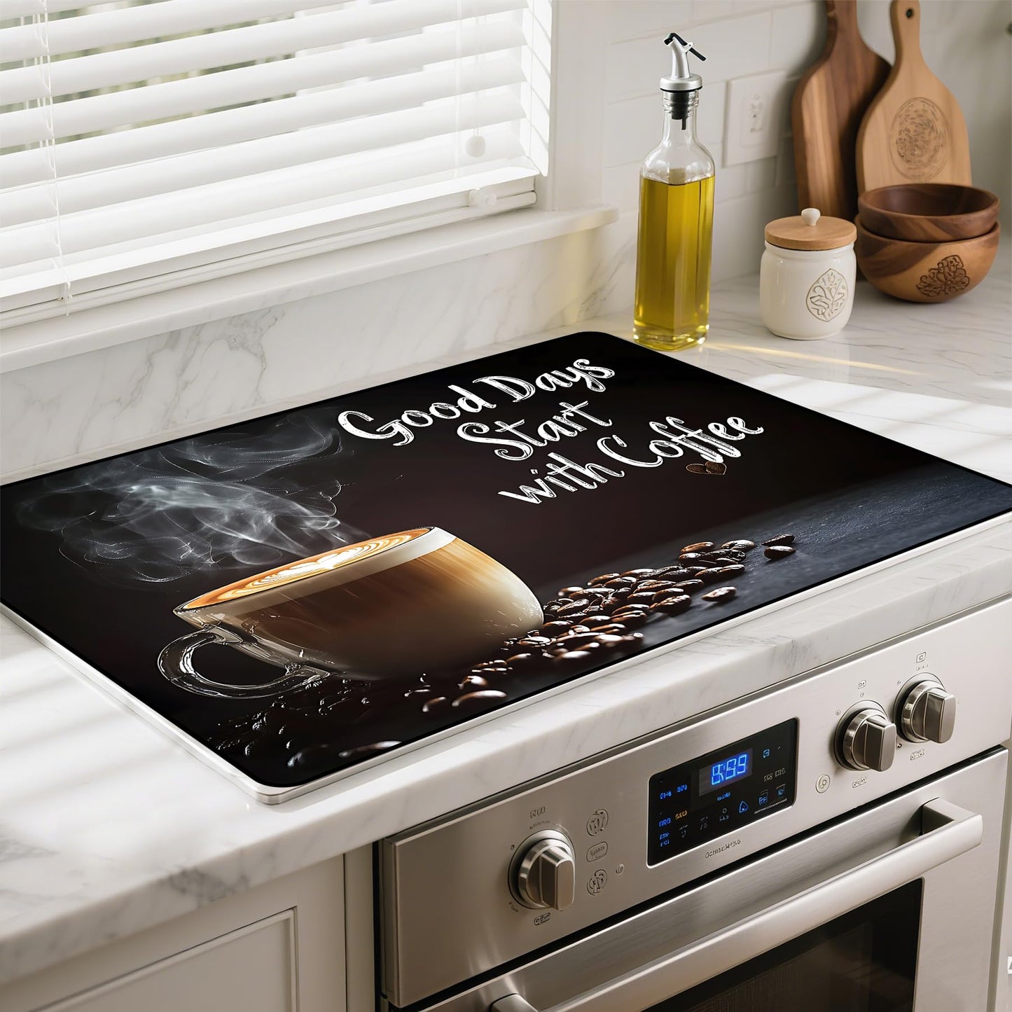 BSFHH Heat-Resistant Glass Stove Top Cover with Anti-Slip Rubber Coating – Electric Stove Protector, Scratch-Resistant, Expands Counter Space, Stylish Kitchen Decor (Cafe)