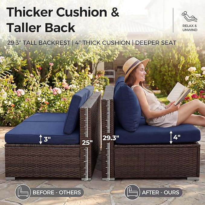 NICESOUL 6 Piece L-Shaped Outdoor Couch with Fireplace Natural Gas/Propane, 29.3'' High Back Wide Seat Patio Conversations for Outside, Oversized Comfy Sectional Furniture Set, Brown/Blue