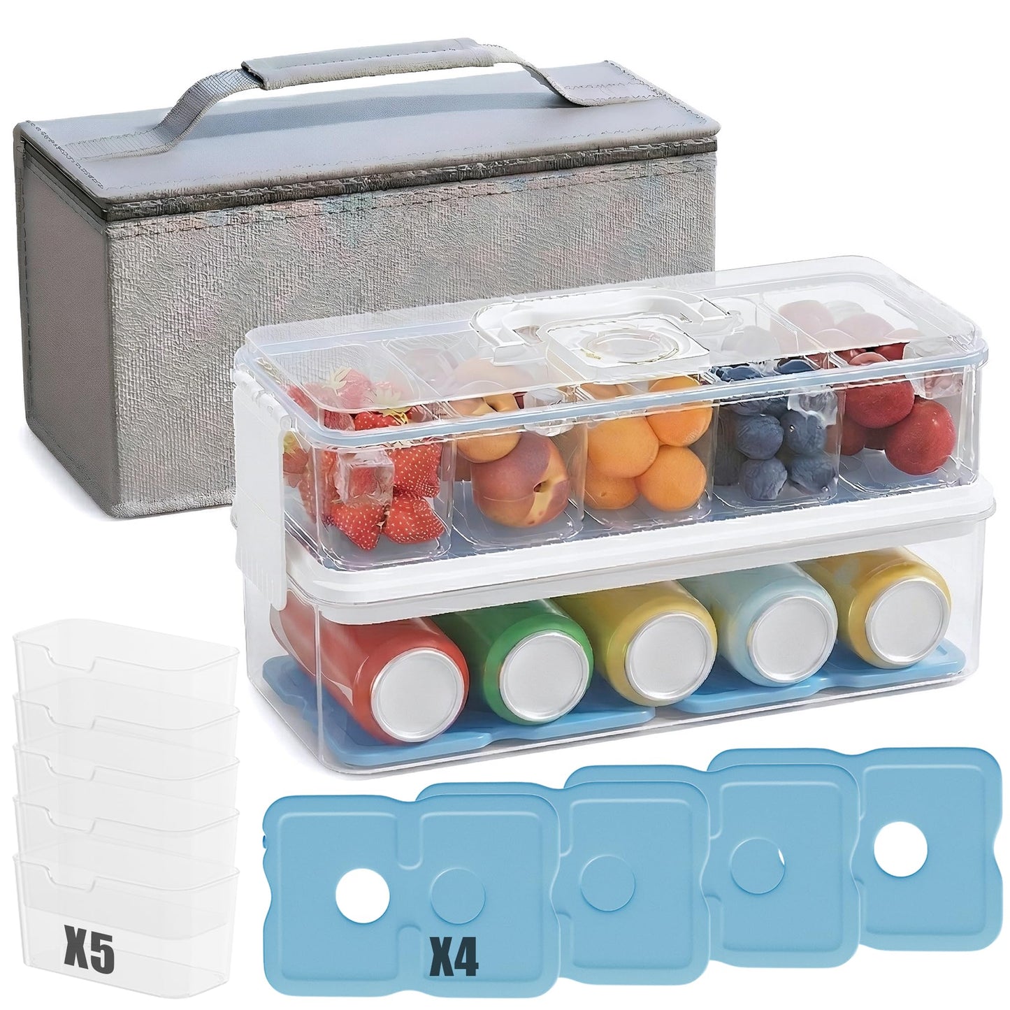 Double-Layer Chilled Portable Snackle Box with 5 Removable Compartments, 4 Ice Packs & Insulated Bag, Keeps Food Chilled or Warm, Extra Layer for Drinks, Fruits & Candy, Dishwasher-Safe for Road Trips