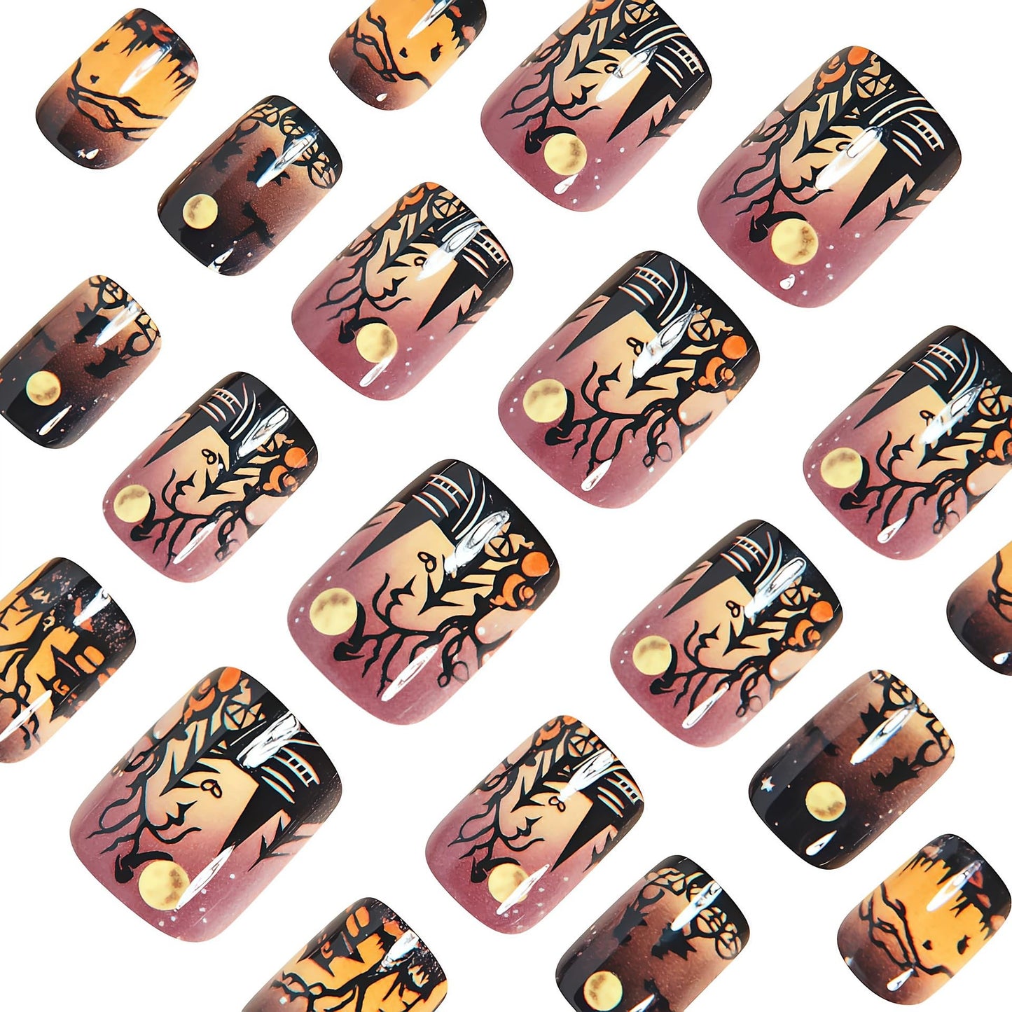 Halloween Forest Press on Nails Short Gradient Fake Nails with Castle Designs Full Cover Reusable Acrylic Nails Press ons Halloween Glue on Nail Square Artificial Witch False Nails for Women 24Pcs