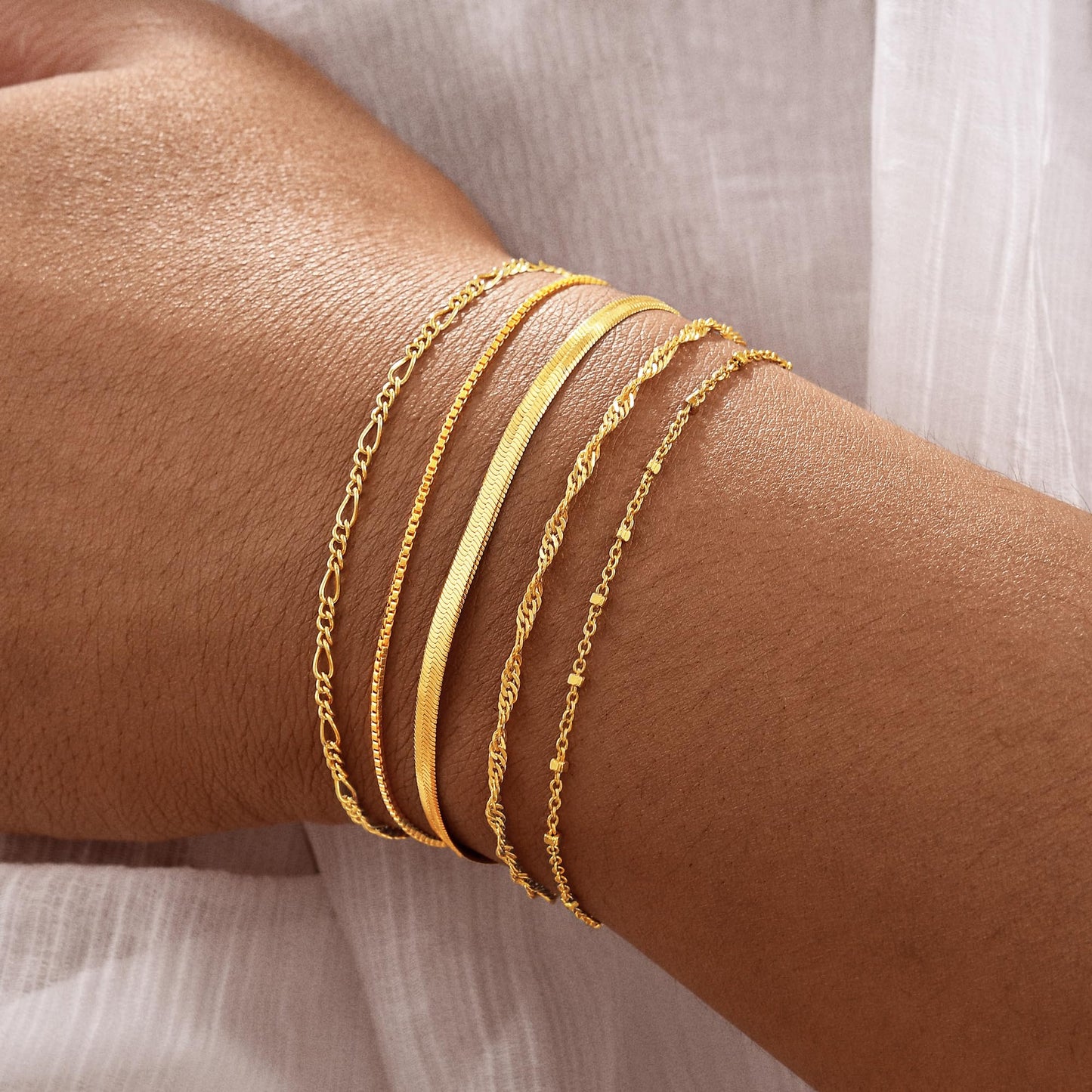 Striviio Gold Bracelets for Women, 14K Gold Plated Stackable Bracelet Stack Set Adjustable Charm Small Square Chain Snake Link Layered Waterproof Jewelry Sets Gifts