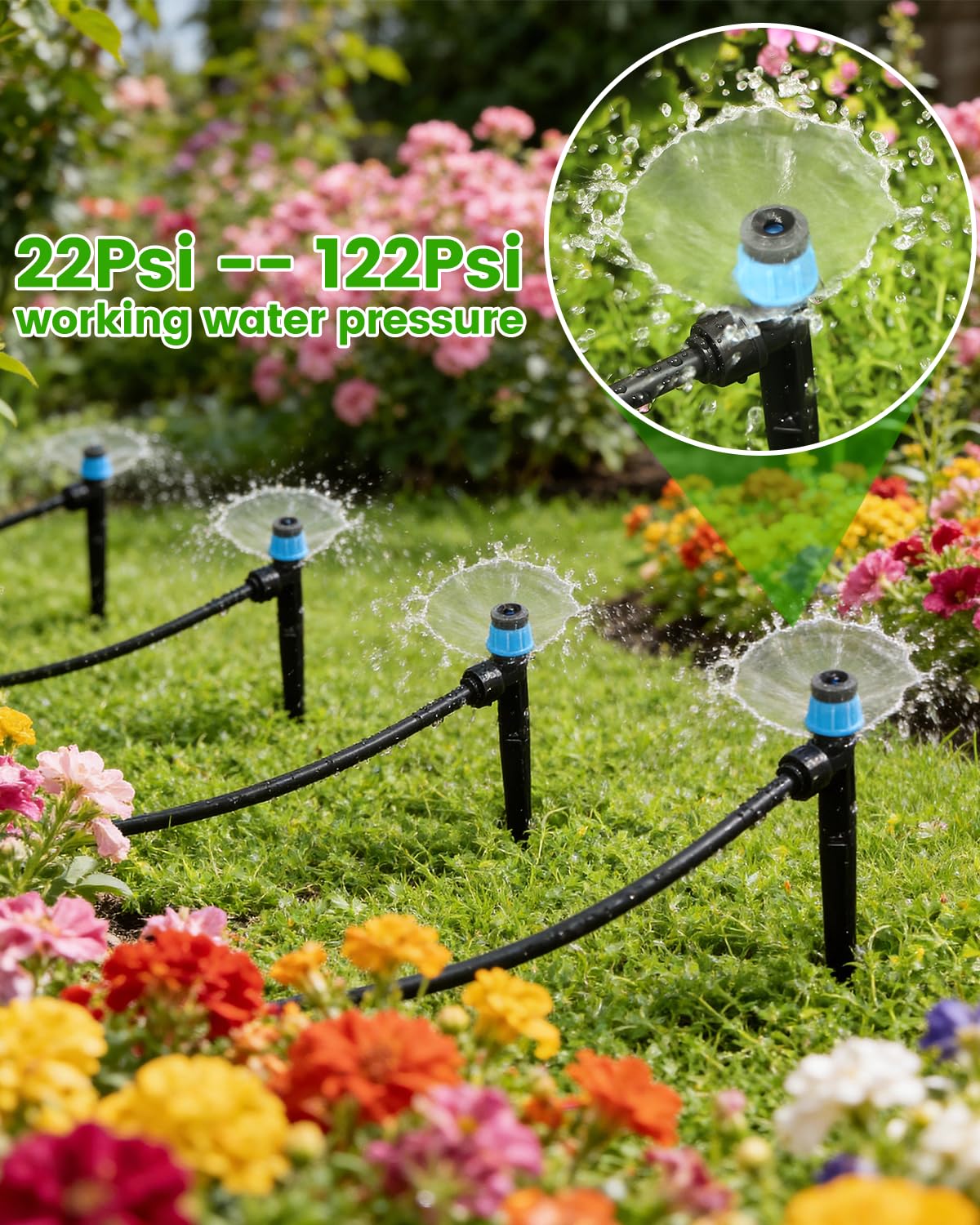 Landtouch 36Pack Drip Irrigation Parts, Quick Connect 1/4" Adjustable 360° Emitter Sprinklers with 6" Stake, Easy-Clean for Garden & Farm Irrigation Systems