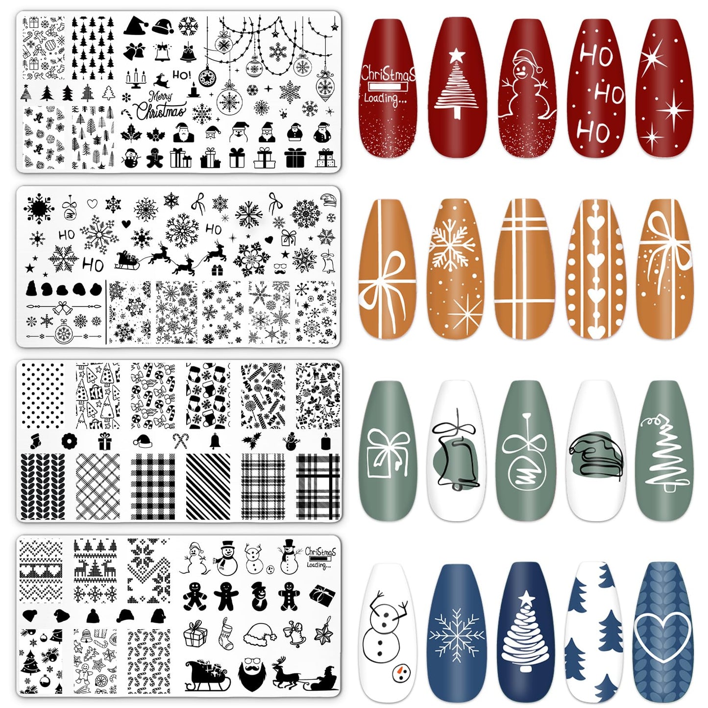 JarThenaAMCS 4Pcs Christmas Nail Plates Stamping Set Xmas Tree Snowflake Snowman Stamp Templates Nail Art Plates for Winter DIY Print Manicure Salon Design Gift