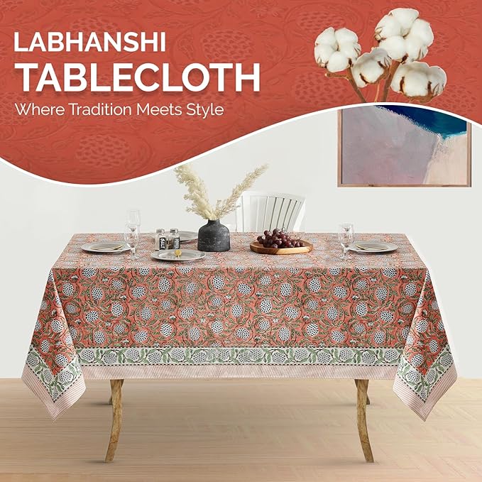 Labhanshi Indian Handblock Print Pre-Washed Cotton Floral 60x90 Inch Rectangle 6-Seater Tablecloth|Rustic Farmhouse Decorative Party Event Wedding Spring Easter Festive Holiday Decor|Dark Salmon Pink