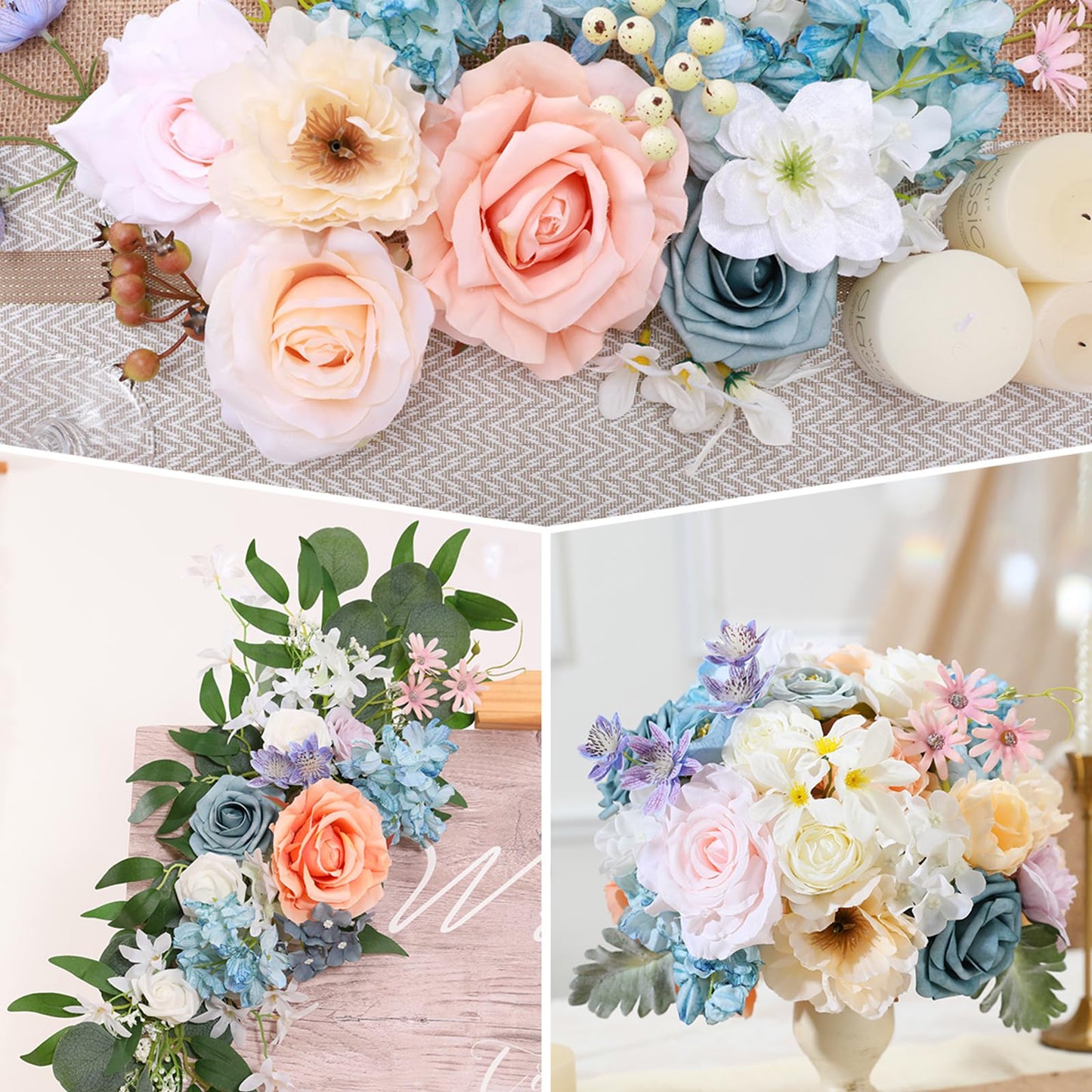 Garisey Artificial Flowers Combo for DIY Wedding Bouquets Combo Centerpieces Arrangements Party Bridal Baby Shower Home Decorations-Blue&White