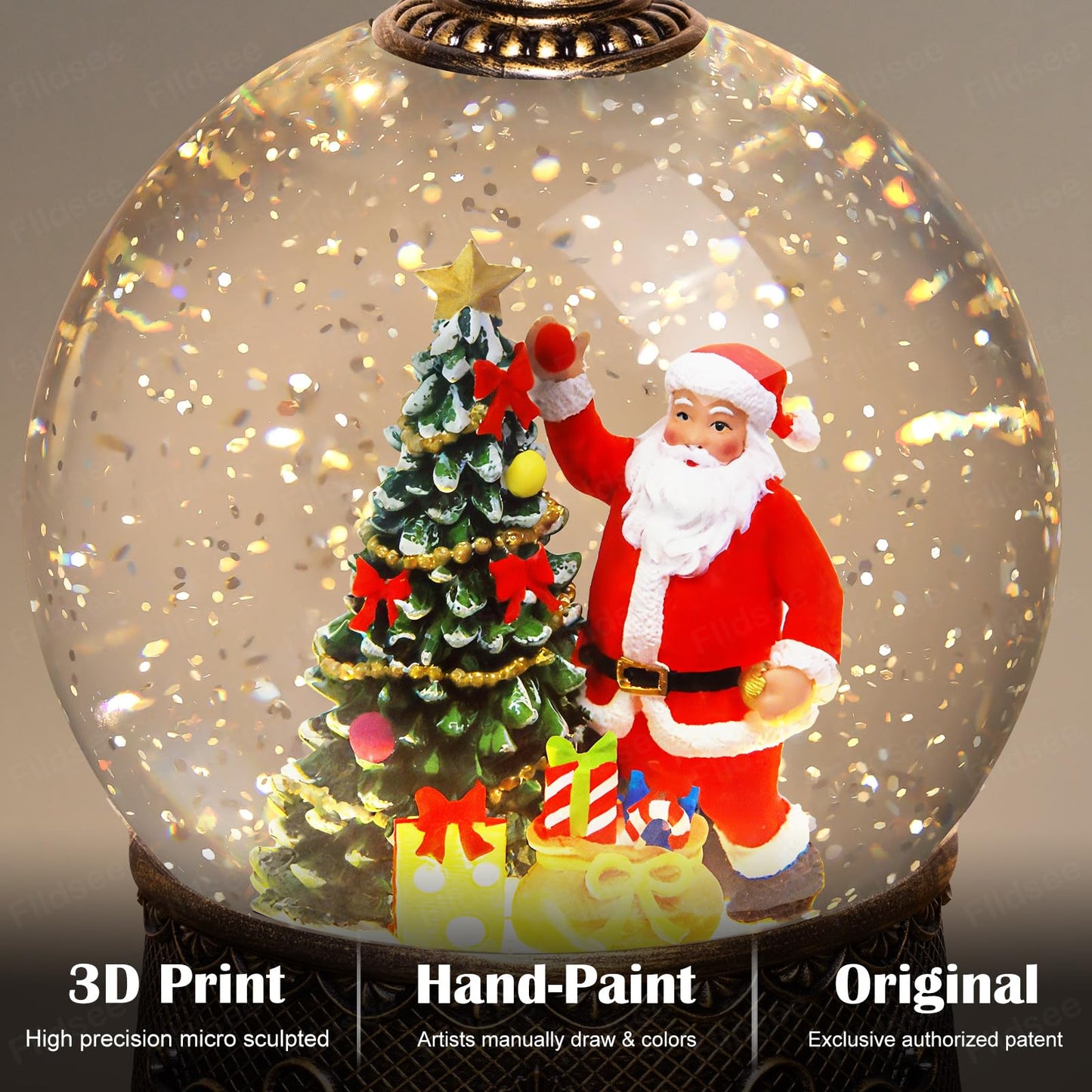 Flldsee Christmas Snow Globe Lantern, Glitter Musical Snowglobe Light with Timer, USB & Battery Powered Music Box, Santa Claus Christmas Tree Gifts, Holiday Decorations Indoor Home Decor