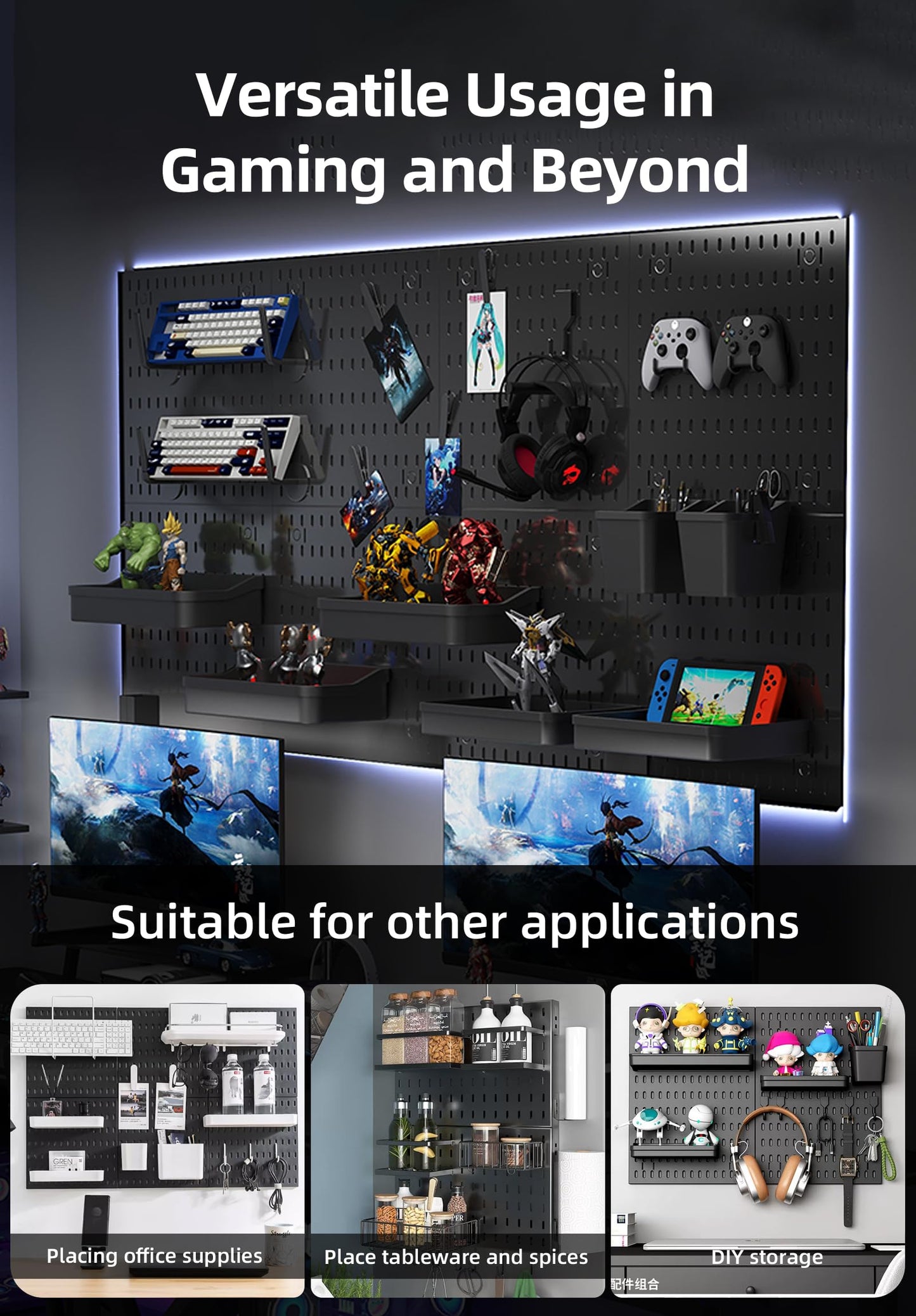 EVDBOBO Wall Organizer Peg Board - Elevate And Declutter Your Gaming And Office - Create A Perfectly Structured Space(Black)