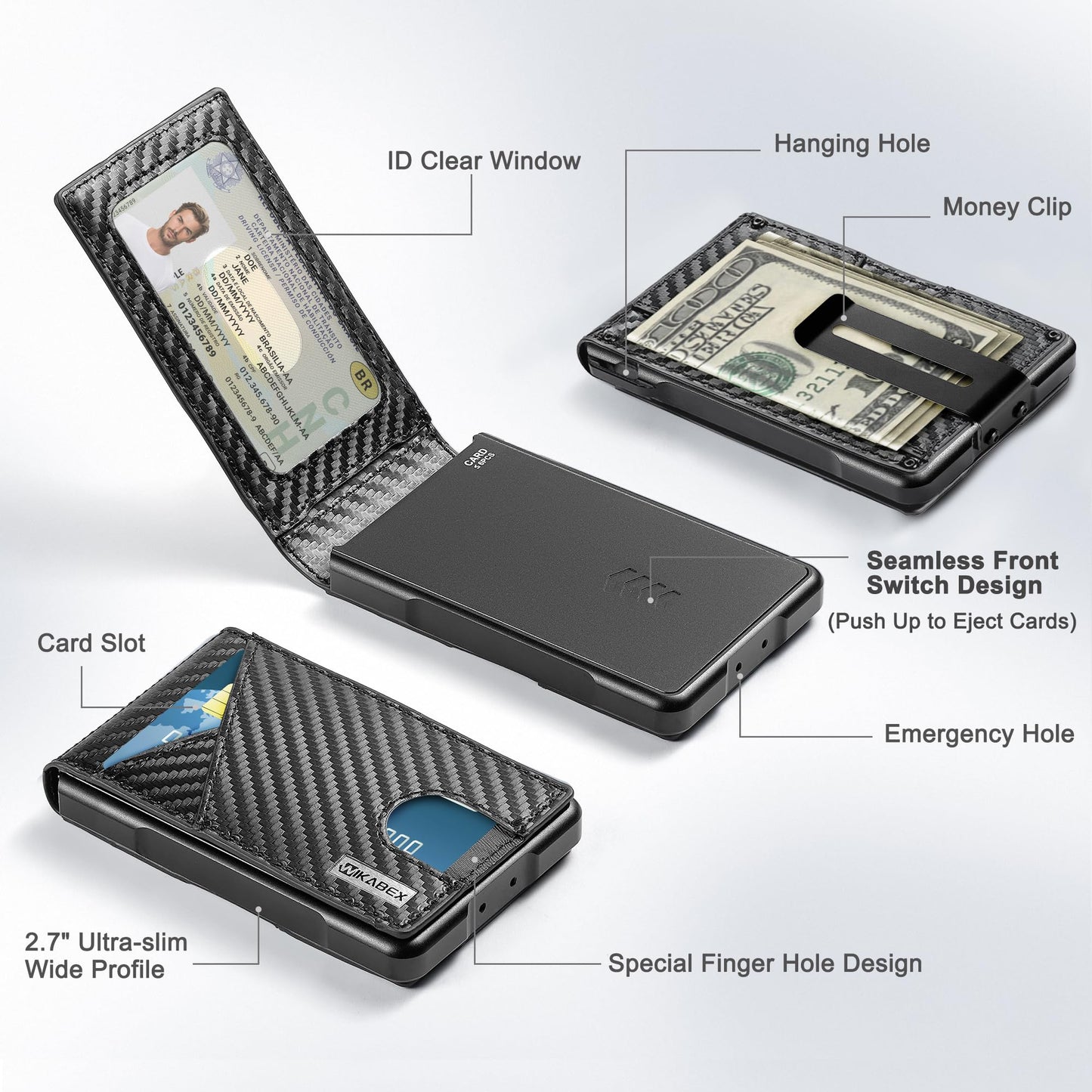 Wikabex Wallet for Men, Ultra Slim Credit Card Holder 10-12 Cards, RFID Blocking with Money Clip & ID Window, Compact Front Pocket Minimalist Bifold Wallet, Metal Aluminum Card Case, Gift for Men