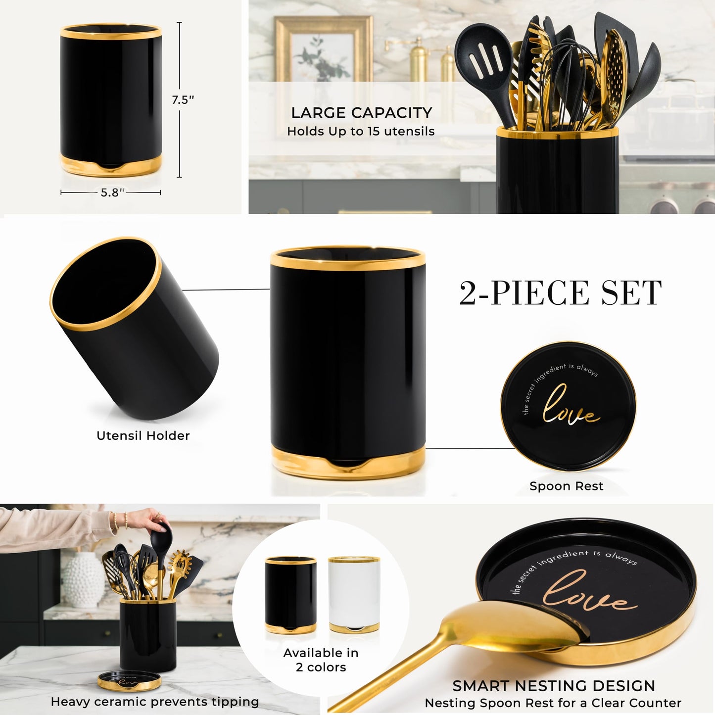STYLED SETTINGS Black and Gold Cooking Utensils Set - 13-Piece Kitchen Set with Black Ceramic Utensil Holder and Stackable Gold Spoon Rest - Luxury Kitchen Accessories for Stylish Cooking and Serving