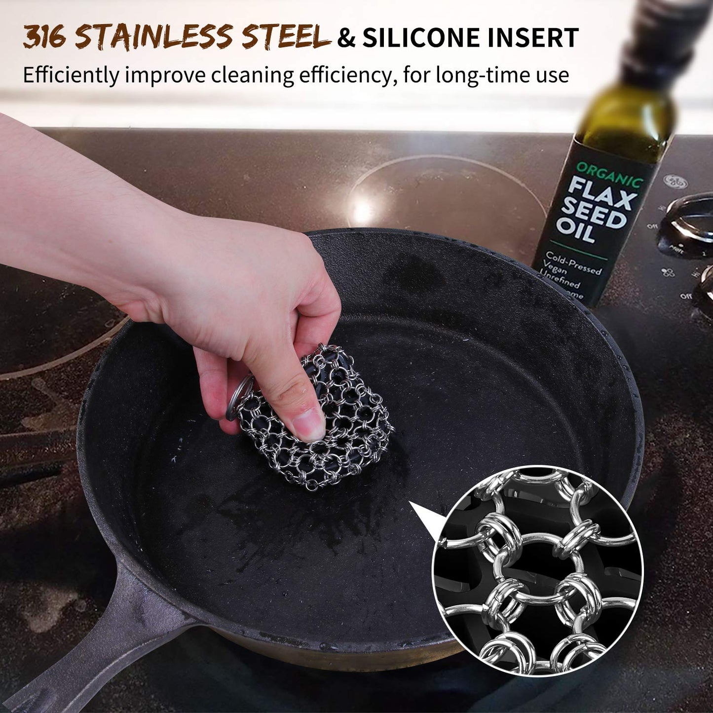 Herda Cast Iron Scrubber Tool Kit,2Pack Cast Iron Skillet Cleaner Cleaning Care Kit 316 Chain Mail Scrubber, Steel Skillet Brush Plastic Pan Scraper Set for Grill Griddle Pot Dish Food