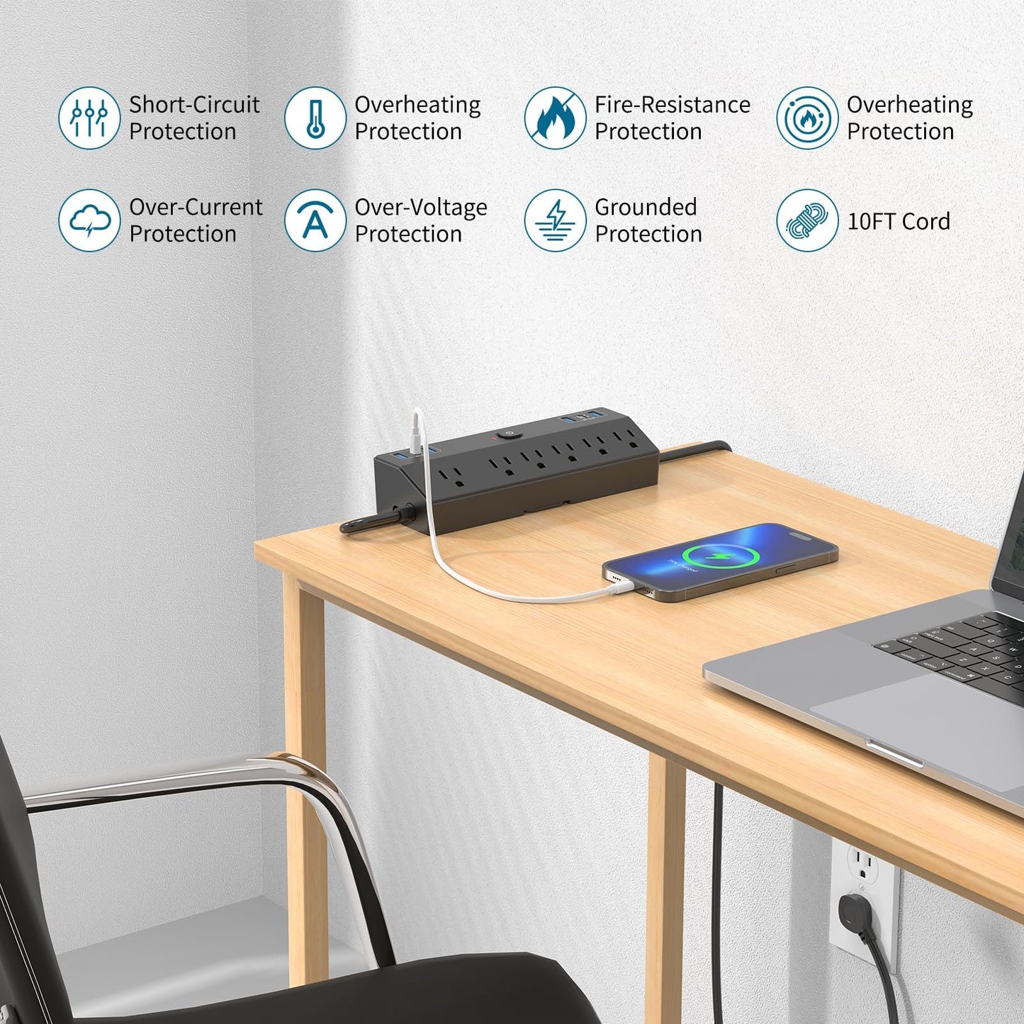 Desk Clamp Power Strip with 40W Fast Charging Station, JXGUCAT 10FT Flat Plug Desk Mount Power Strip Surge Protector, Removable Extension Cord with 2 USB-C Ports 6 Outlets, Fits 1.8" Tabletop Edge